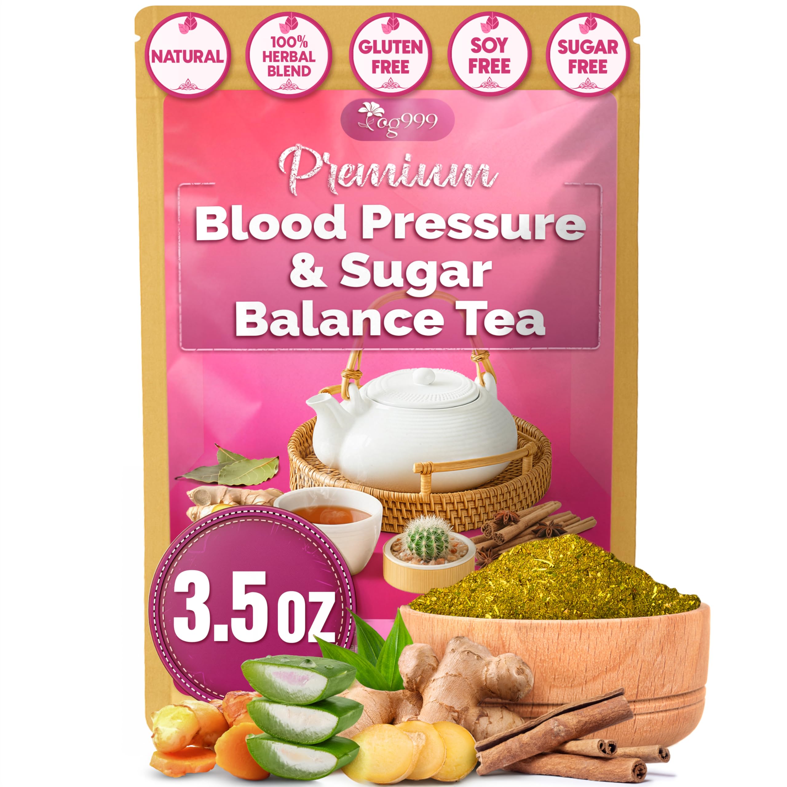 TOG999, Premium Blood and Sugar Balance Tea | 100gr - 3.5oz | 100% Natural Turmeric, Ginger, Cactus Nopal, Aloe Vera, Bay Leaf, Cinnamon & Hibiscus - Loose Powder Herbal Blend – Caffeine-Free Tea