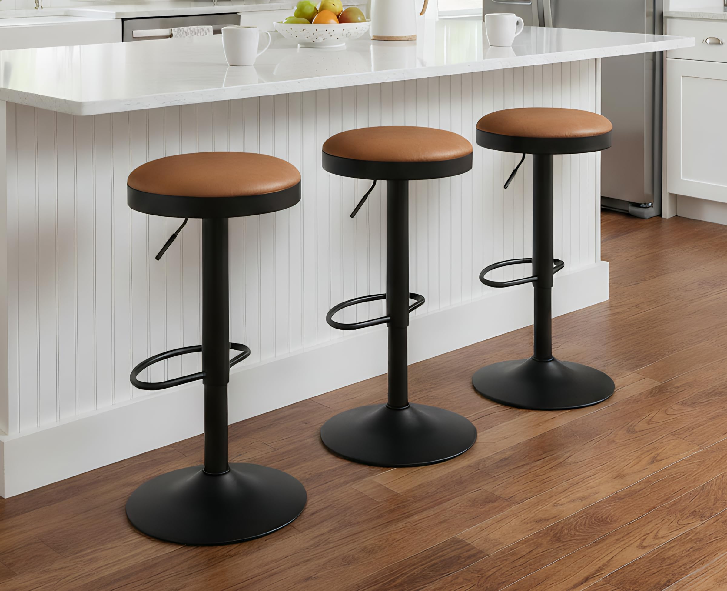 EALSON Modern Swivel Bar Stools Set of 3 Adjustable Counter Height Backless Barstools with Metal Base Leather Upholstered Round Bar Stool Chairs for
