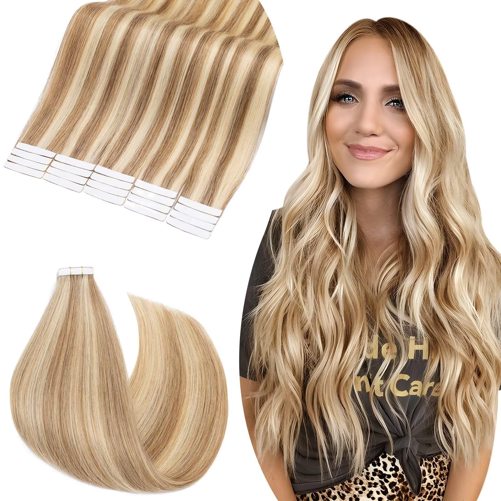 UK-Fashion-Shop 20 PCS Tape in Hair Extensions Blonde Real Remy Human Hair Extension tape in Straight Skin Weft Seamless 50g (18Inch 12/613 Golden Brown with Bleach Blonde)