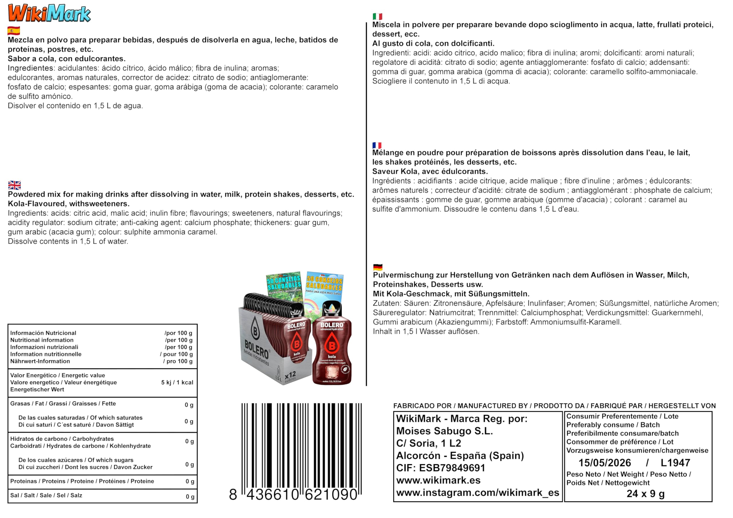 Bolero Bebida COLA Sin Azúcar con Vitamina C 24 x 9 Gr