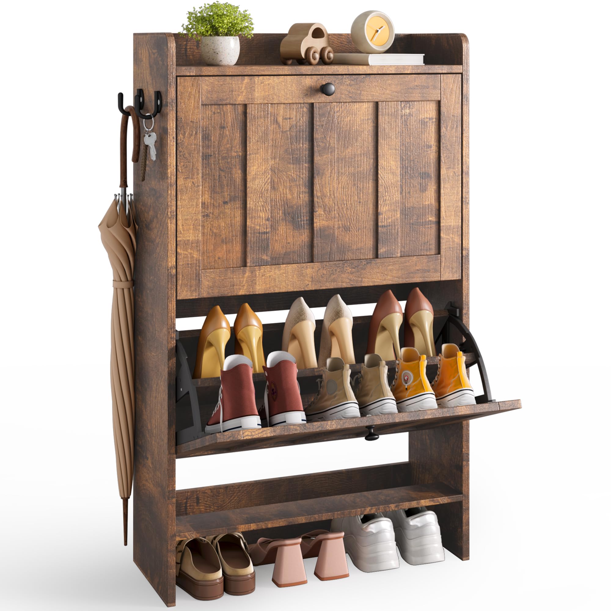 Gizoon Shoe Cabinet with 2 Flip Drawers, Shoe Organizer Storage for Entryway, Freestanding Narrow Rack Cabinet with Space-Saving, for Hallway, Retro