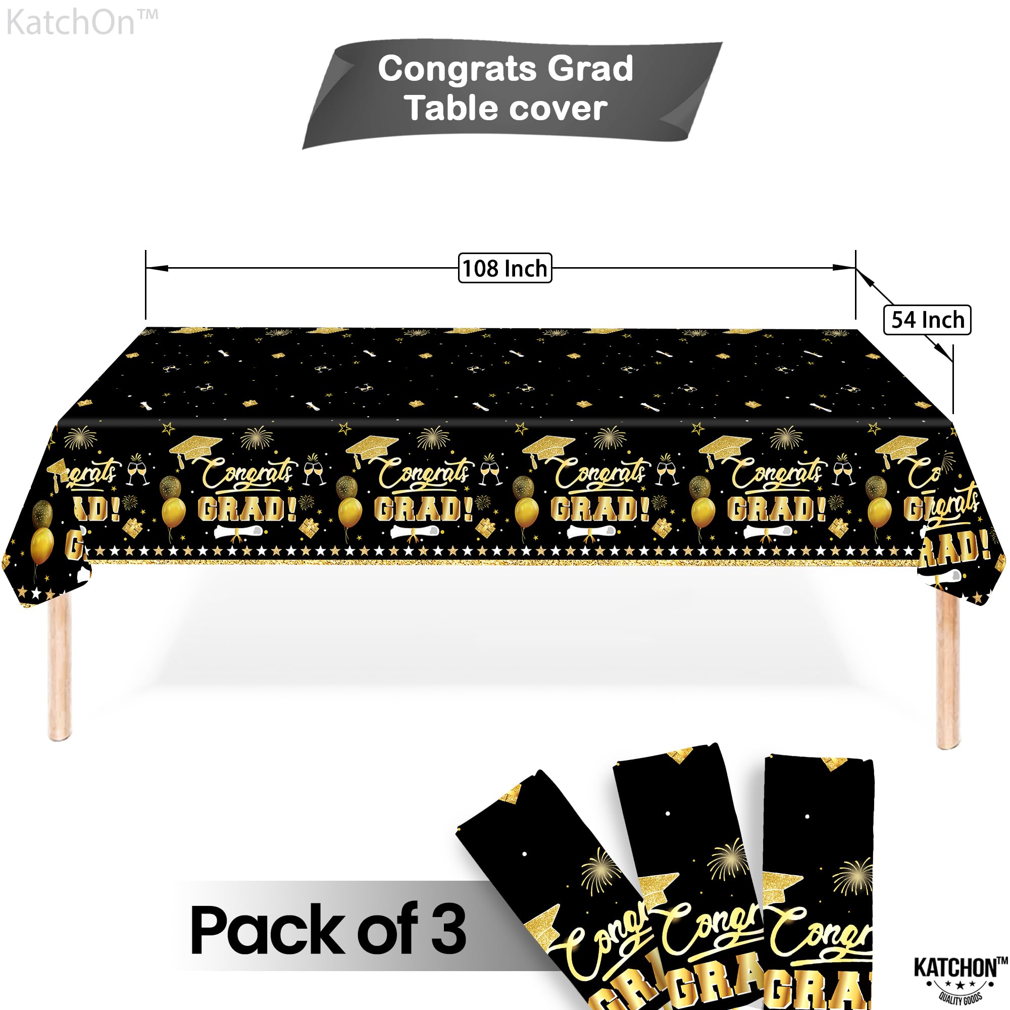 KatchOn, Black and Gold Graduation Decoration 2025 - XtraLarge 54x108 Inch, Pack of 3 | Congrats Grad Tablecloth for Graduation Decorations 2025 | Graduations Table Decorations, Grad Party Supplies