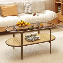 Boho Oval Coffee Table - 4-Tier Tempered Glass Tabletop with Acacia Wood Frame and PE Rattan Storage Shelf - Modern Center Cocktail Tea Desk for Living Room Apartment and Office Decor