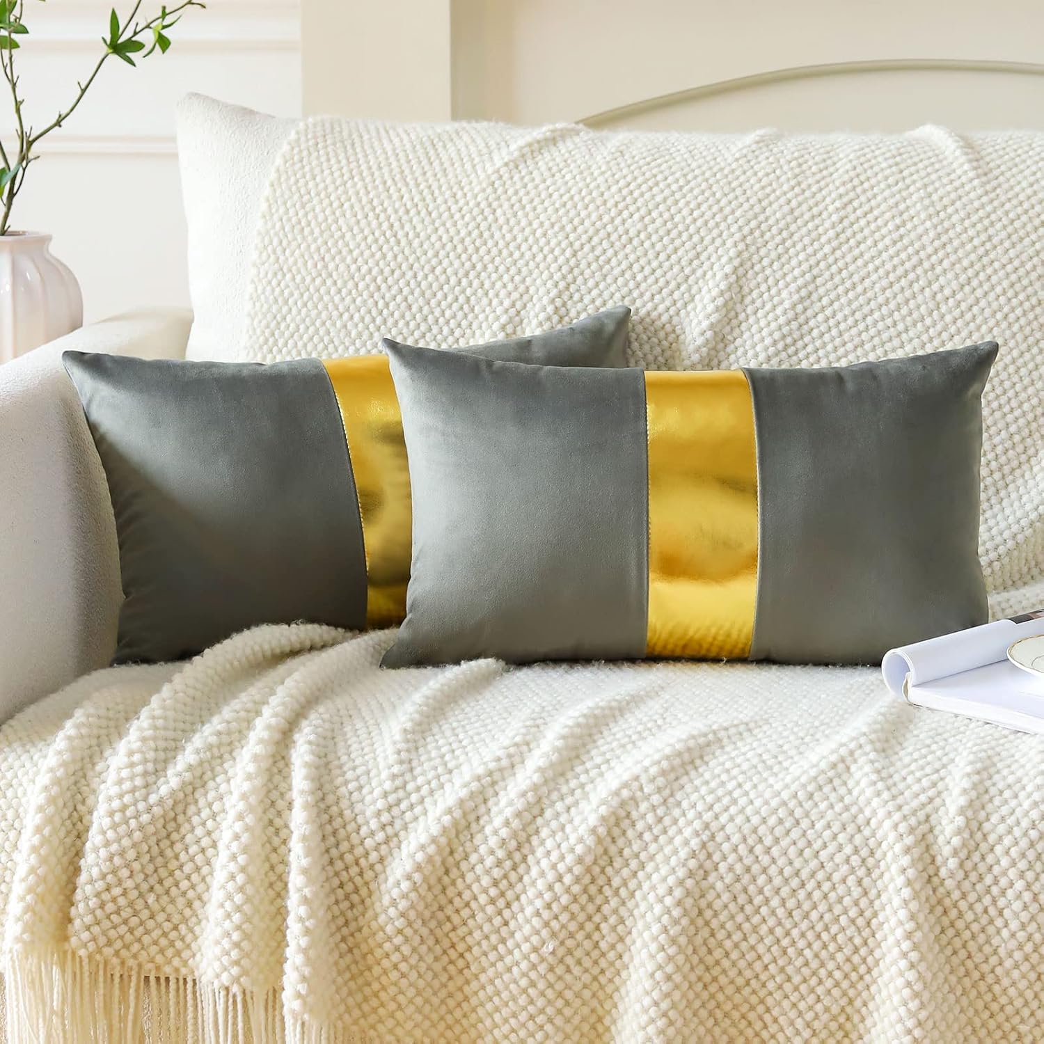 Artscope Grey Velvet Throw Pillow Covers with Gold Leather Stitching Luxury Modern Minimalist Square Pillowcase Cushion Covers for Bed Couch Sofa 12x20Inch Set of 2 - Image 3