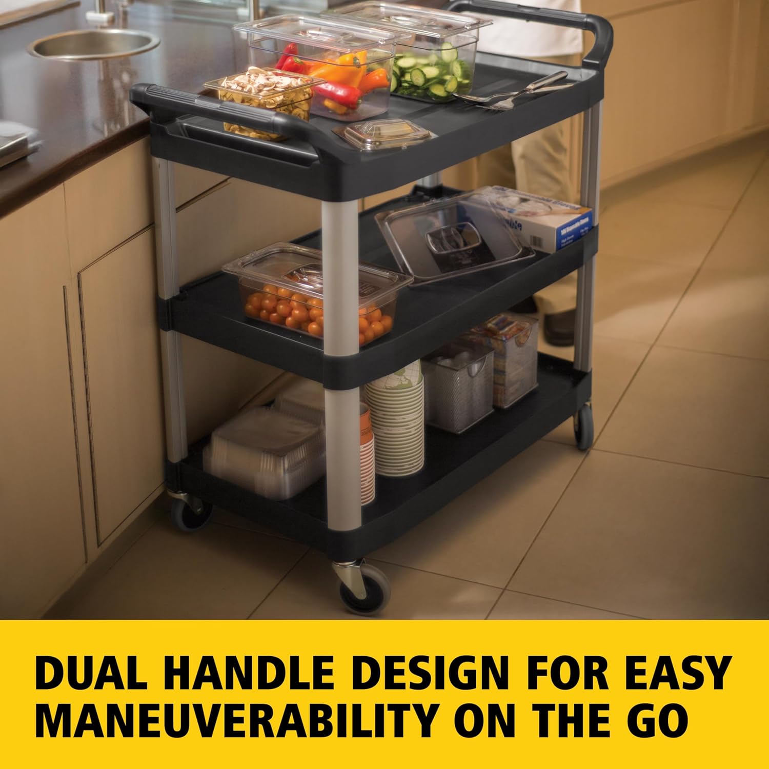 Rubbermaid Commercial Products Heavy Duty 3-Shelf Rolling Service/Utility/Push Cart, 300 lbs. Capacity, Black, for Restaurant/Cleaning/Office use (FG409100BLA)