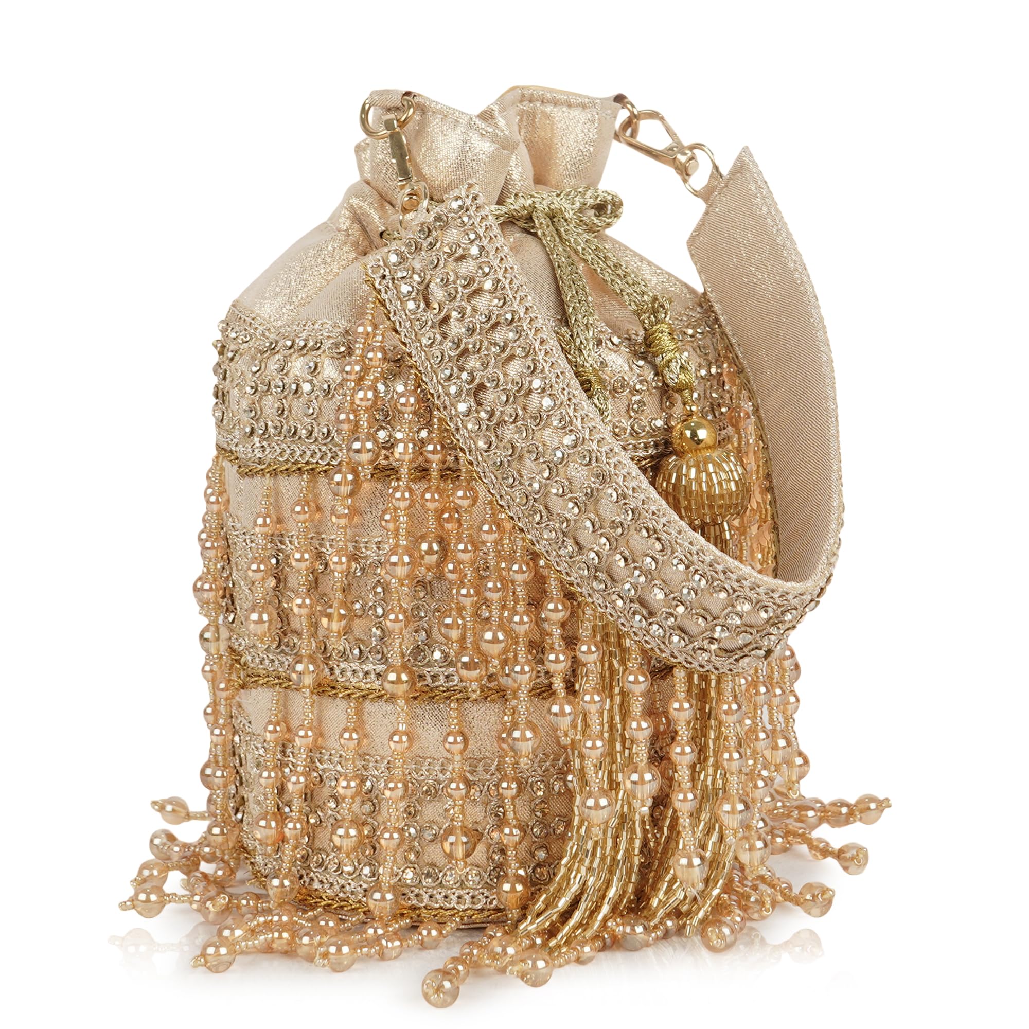 Silk Fabric Women’s Embellished Potli Bag with Pearl Tassels | Designe Ethnic Drawstring Handbag for Wedding, Party & Festive Use-image-13