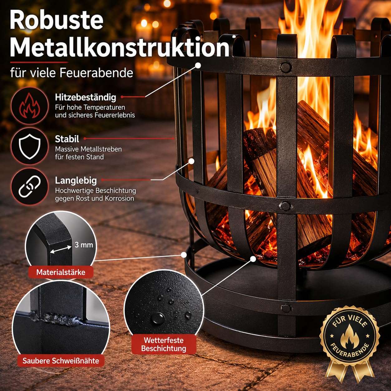 Robuster Feuerkorb Feuerstelle Eisen 55x40 cm Feuerschale mit Bodenplatte Ideal für Lagerfeuer, Garten & auf der Terrasse & HLKauf-Block