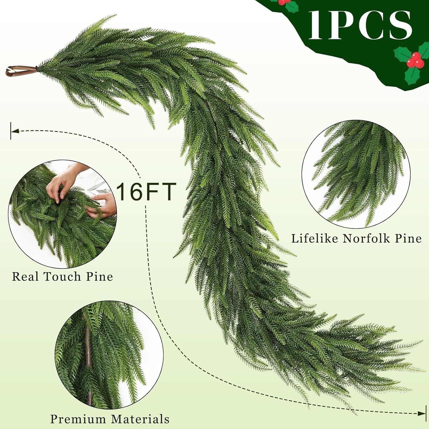 Christmas Norfolk Pine Garlands - 16ft Artificial Garland Faux Green Fake Pine Needles Garland for Fireplace,Table,Window,Stairs,Mante,Holiday Indoor Outdoor Xmas Decor(1PCS) 1 16 FT