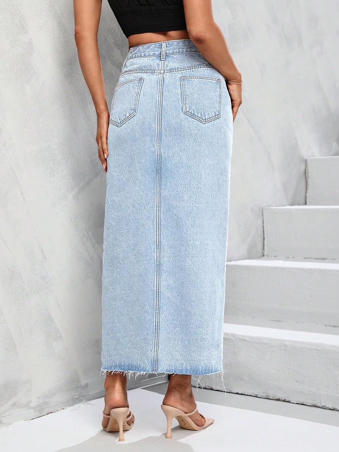 Women's High Waist Stretch Maxi Denim Skirt Front Split Frayed Raw Hem A line Casual Long Jean Skirt - Image 2