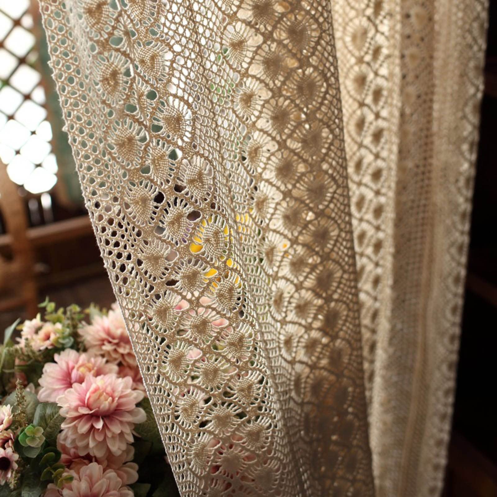 Rideau semi-occultant beige crochet boho chic 300x260cm pour chambre