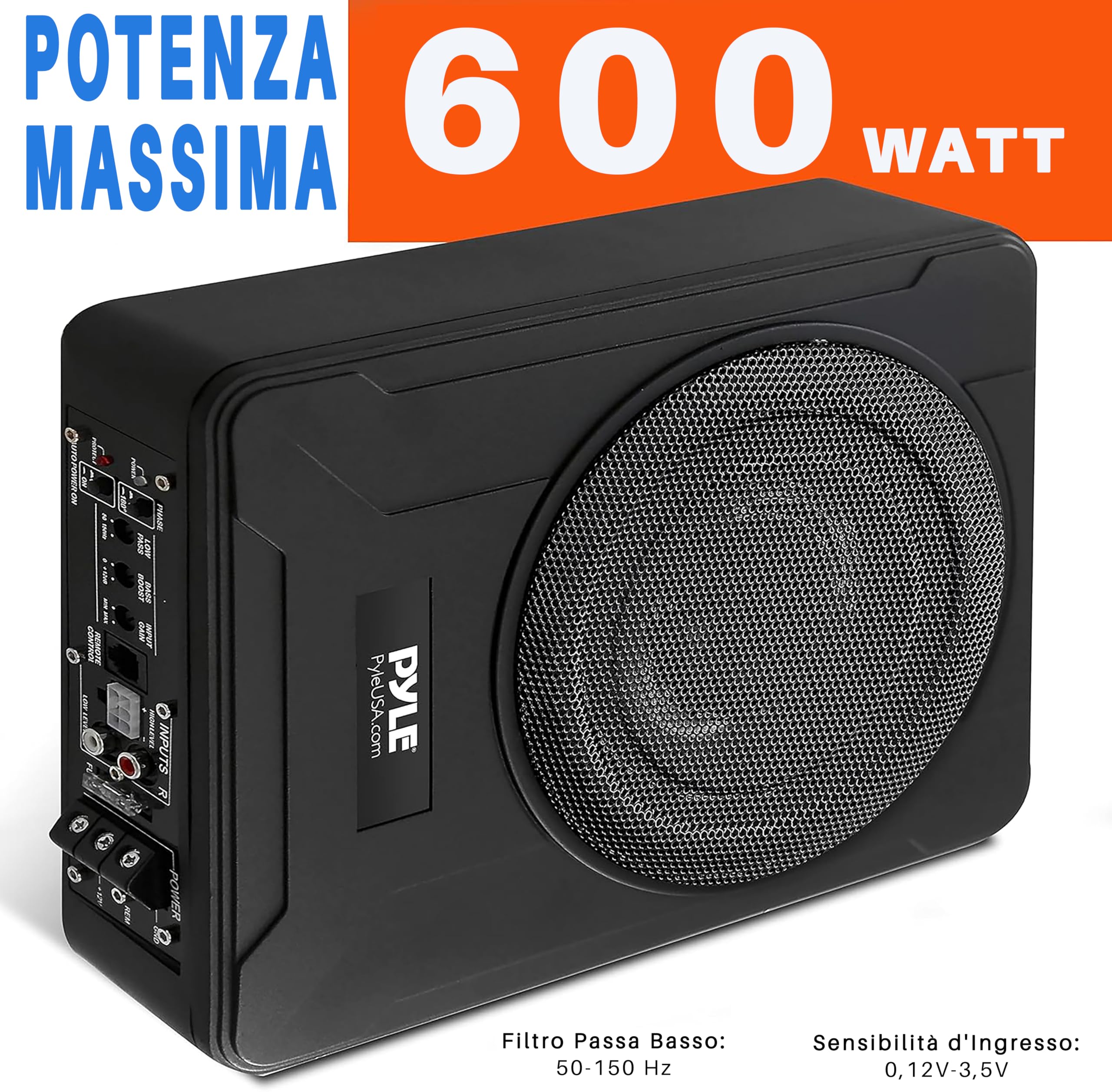 Pyle Subwoofer Amplificato da 20 Centimetri per Casse Auto, 600 Watt, Compatto e Attivo, Sottosella con Amplificatore Integrato, Nero