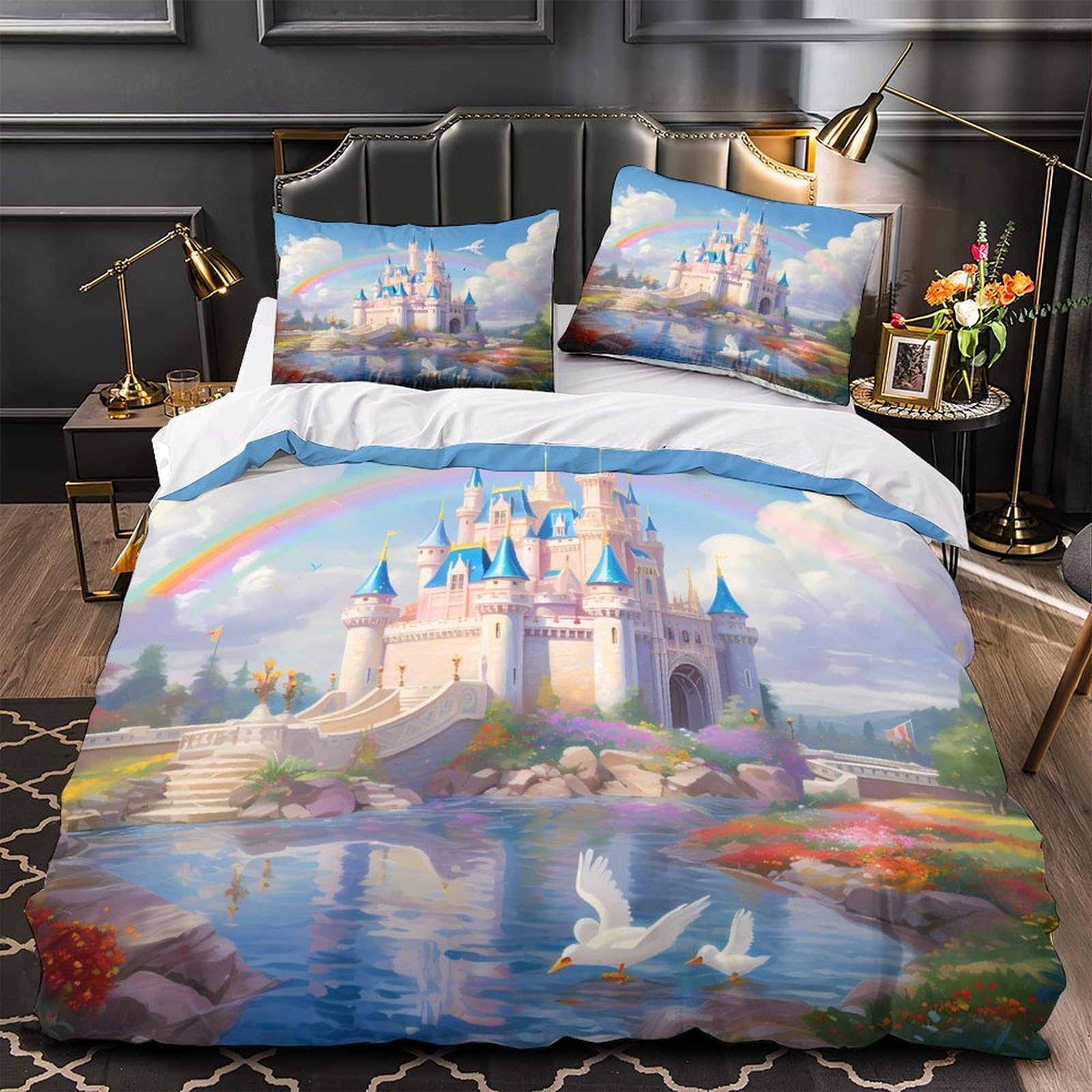 Fantasia del castello Impressione 3D 3 pz fodera per edredone Stile fiaba magica coperteletto microfibra morbida ipoallergenica per bambini ragazze adulti King（220x240cm）