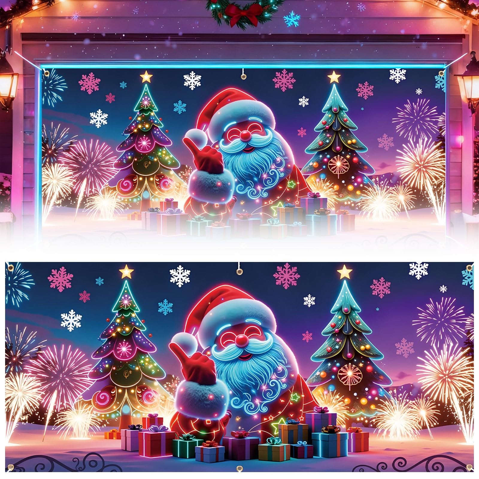Bandera fluorescente para puerta de garaje, festivas, festivas, para fiestas, 157 x 71 pulgadas, fondo de fotografía de Papá Noel 108