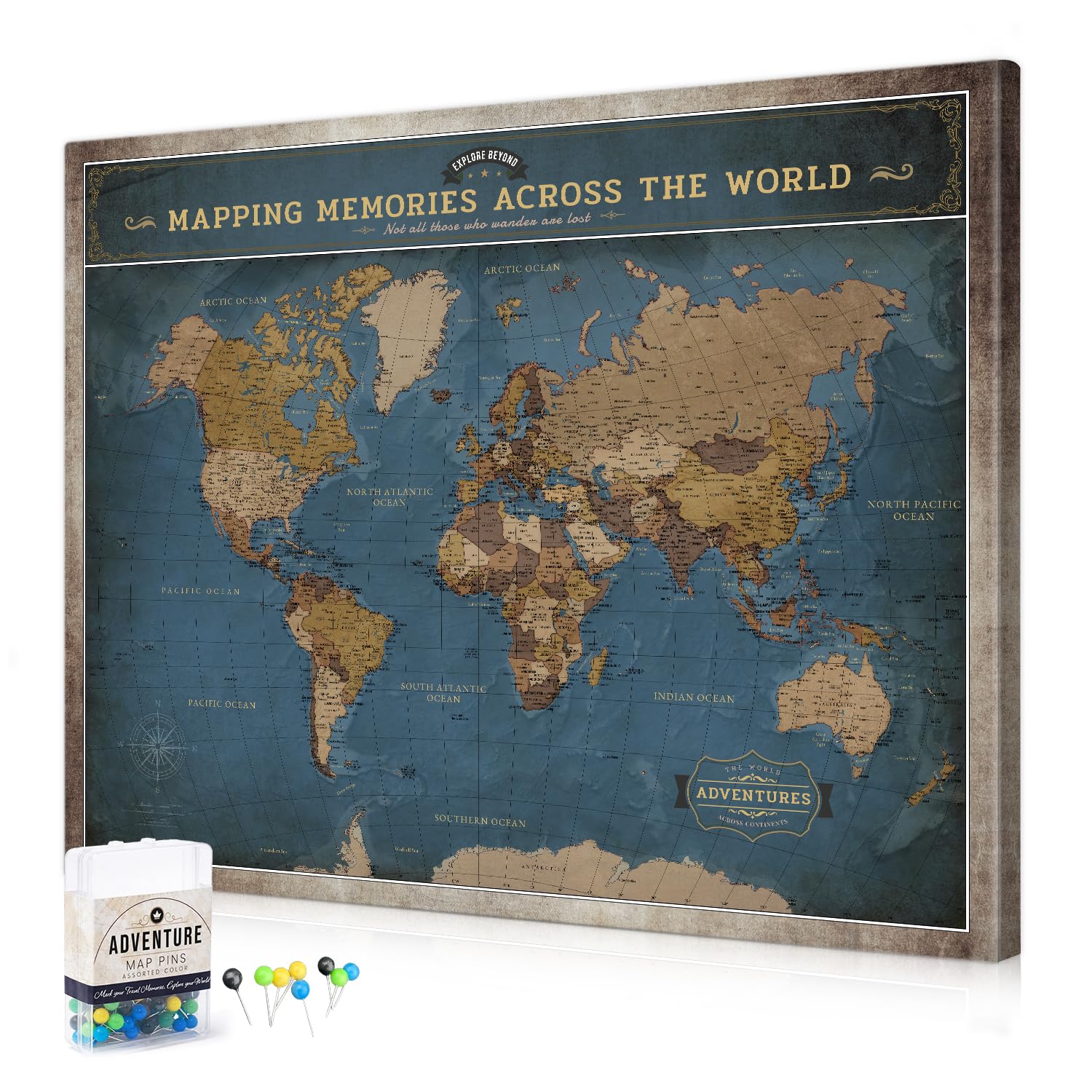 DECORARTS World Map Pin Board,Deep Blue World Travel Map with Pins,30x24''