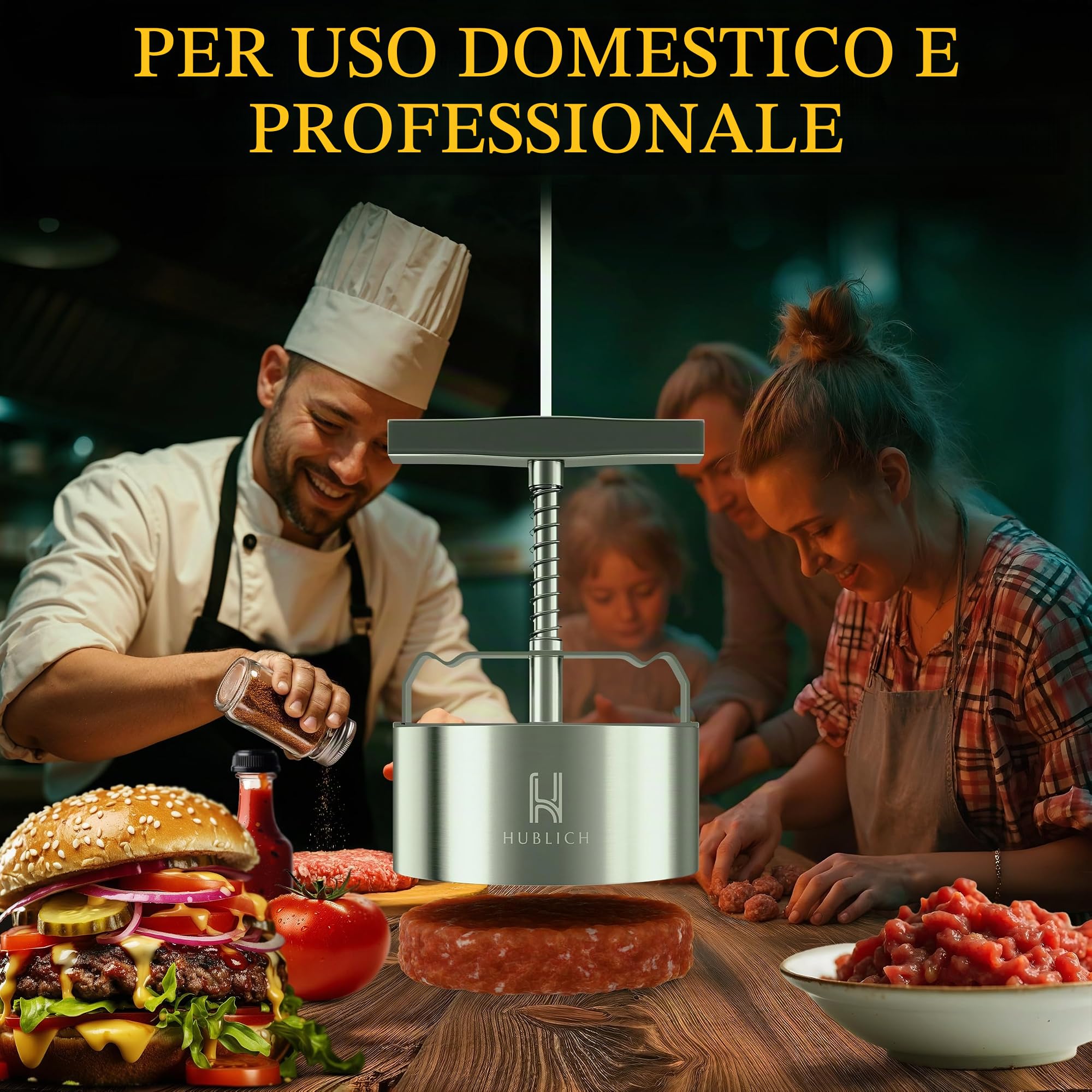 Pressa per hamburger di alta qualità in acciaio inox – pressa per hamburger – Accessorio ideale per barbecue perfetto per patties di carne macinata da 100 – 400 g – Patty Maker per succosi
