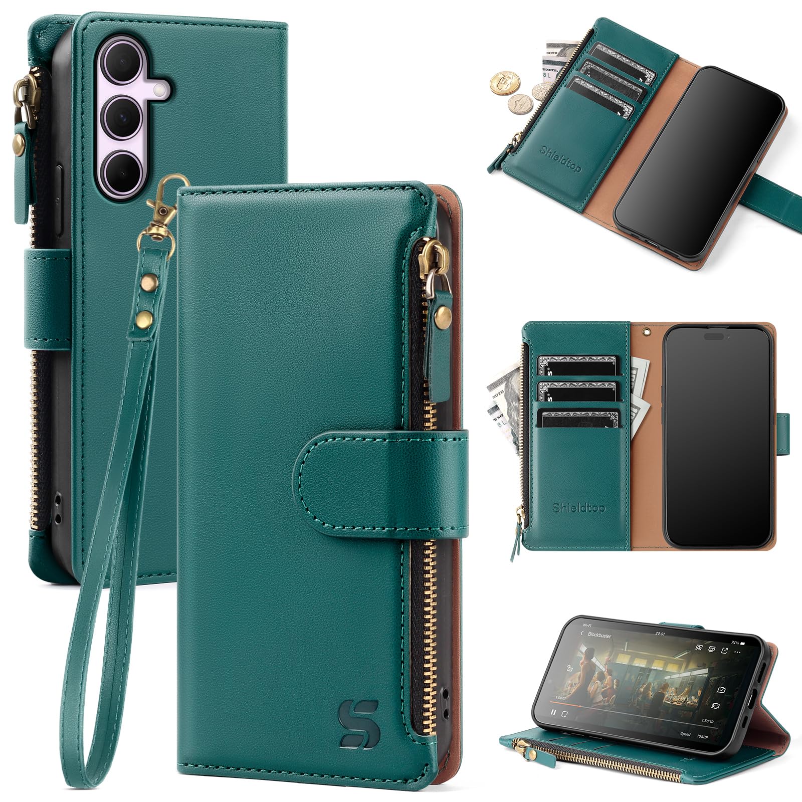 Shieldtop Compatible with Samsung Galaxy A35 5G Wallet Case with Card Holder,PU Leather Phone Case Flip Protective Cover Wrist Strap Zipper Pocket