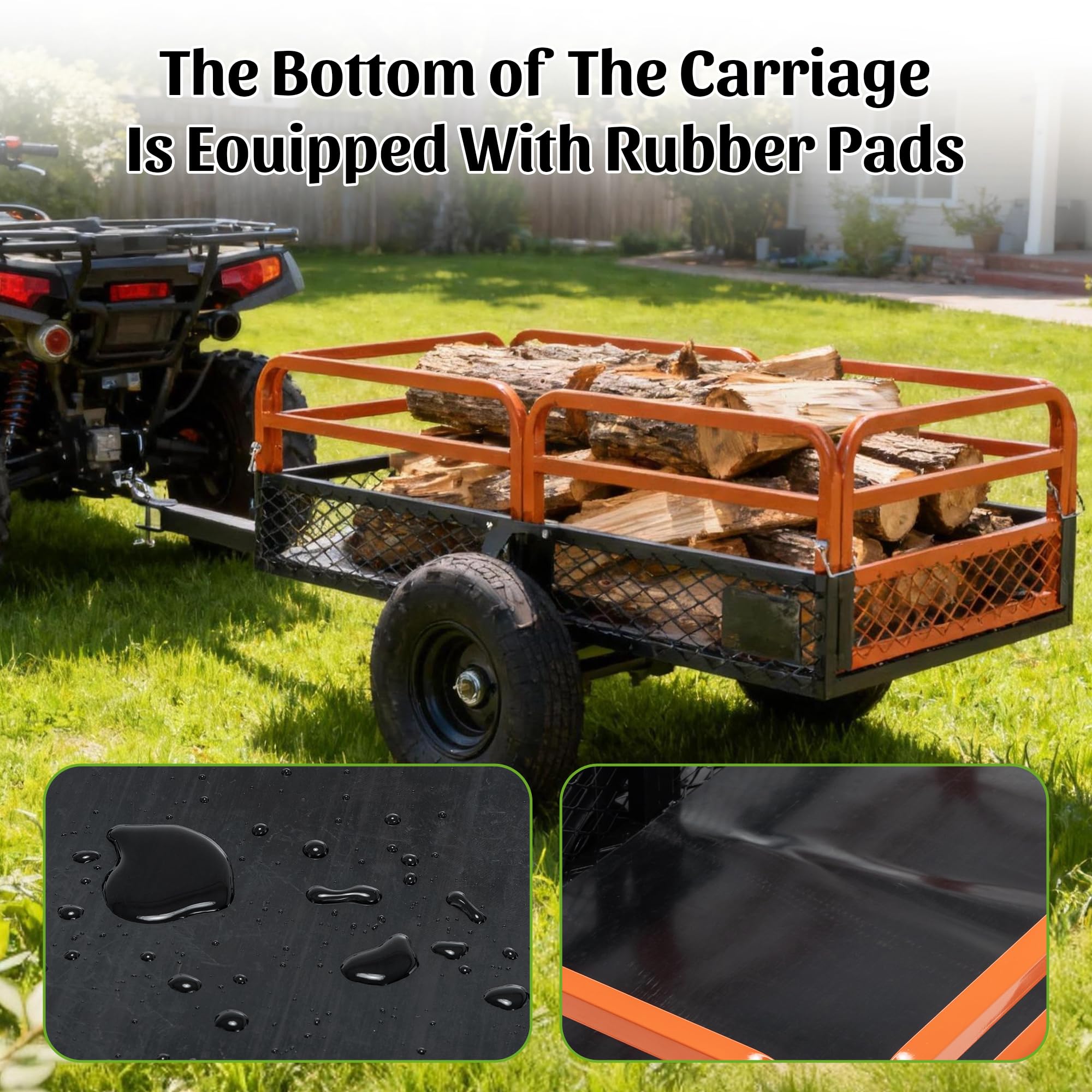 Remolque de carro de descarga resistente de 1500 libras de capacidad de 15 pies cúbicos con descarga de doble control para ATV UTV tractor cortacésped de giro cero, neumáticos todo terreno y