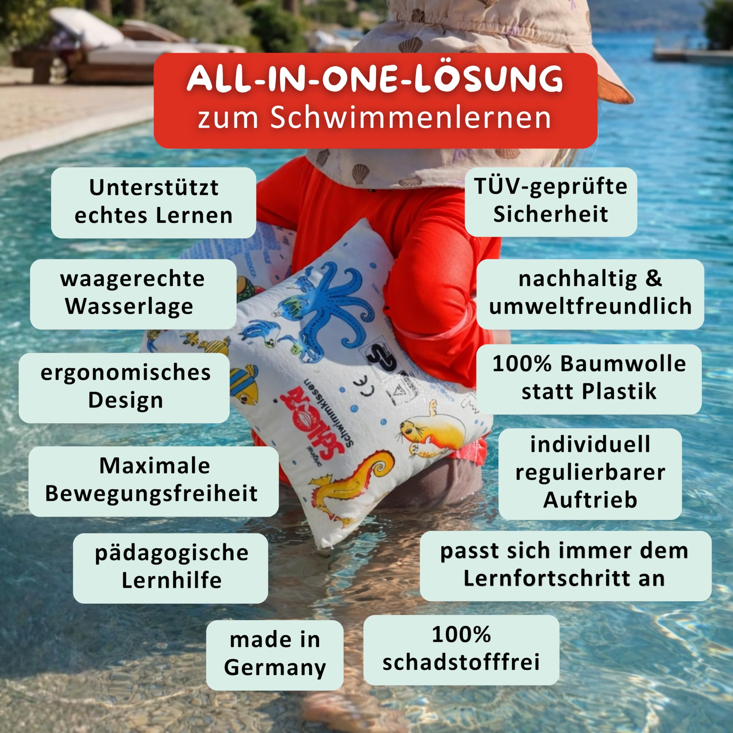 Schlori Schwimmkissen mit Schnalle, Schwimmlernhilfe für Kinder 11-60 kg, 100% Baumwolle, TÜV GS Geprüft