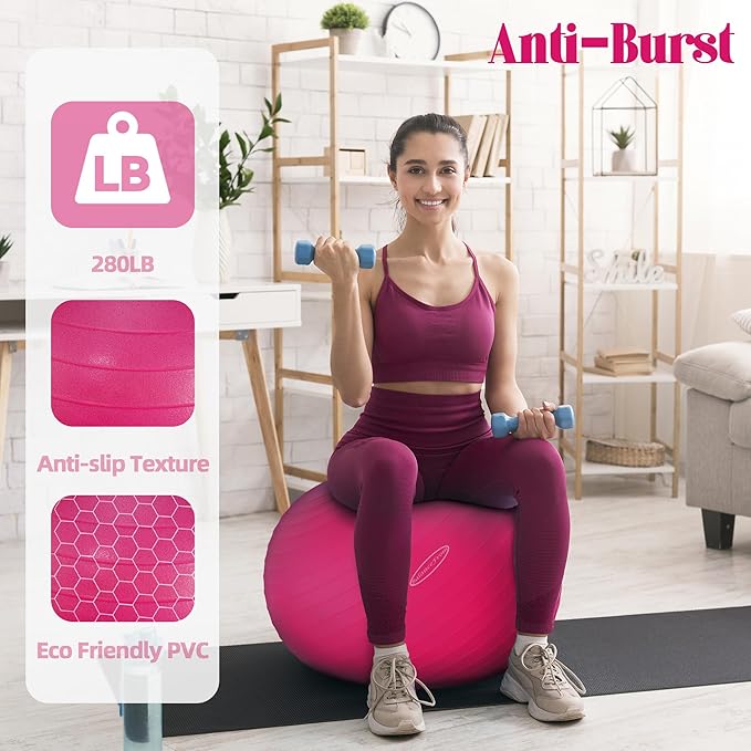This exercise ball comes with a quick pump for easy inflation, making it convenient to set up and use immediately. The ball is available in multiple sizes, typically ranging from 55 cm to 75 cm in diameter, catering to different user heights and workout requirements. Additionally, it offers a variety of color options, allowing users to choose based on their personal preference or gym decor.