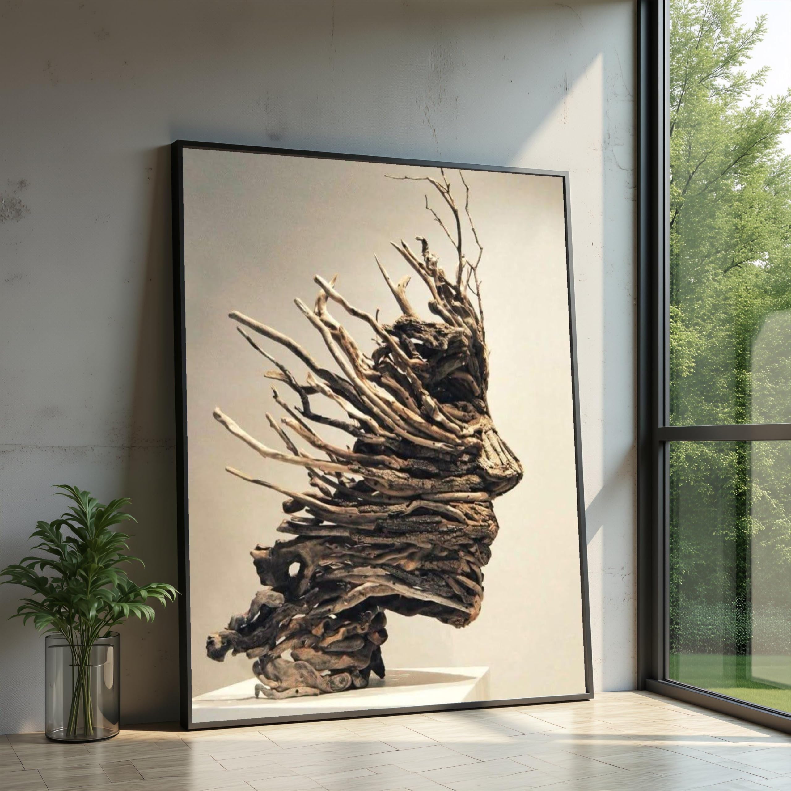 XINBAO Abstrakcyjne rzeźby z drewnianymi twarzami plakat z naturalnego drewna sztuka ścienna rustykalny wystrój domu malarstwo płótno wystawa artystyczna (70 x 100 cm/rama wewnętrzna)
