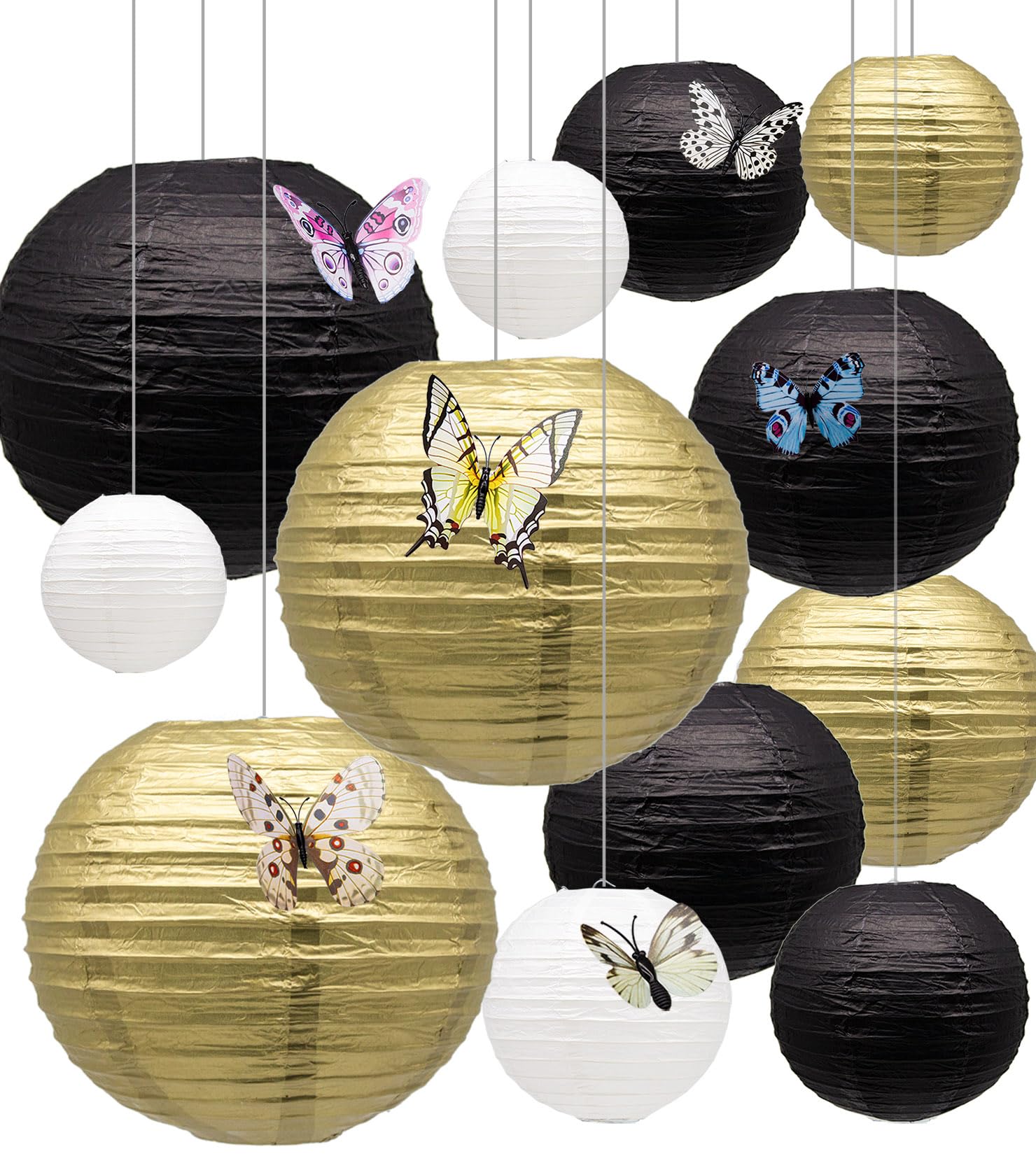 Rovplus 12 Pack Gold Black White Paper Lantern Assortment, Chinese Japanese Round Paper Lanterns, Party Supplies for Wedding Graduation Anniversary Birthday Party Decorations
