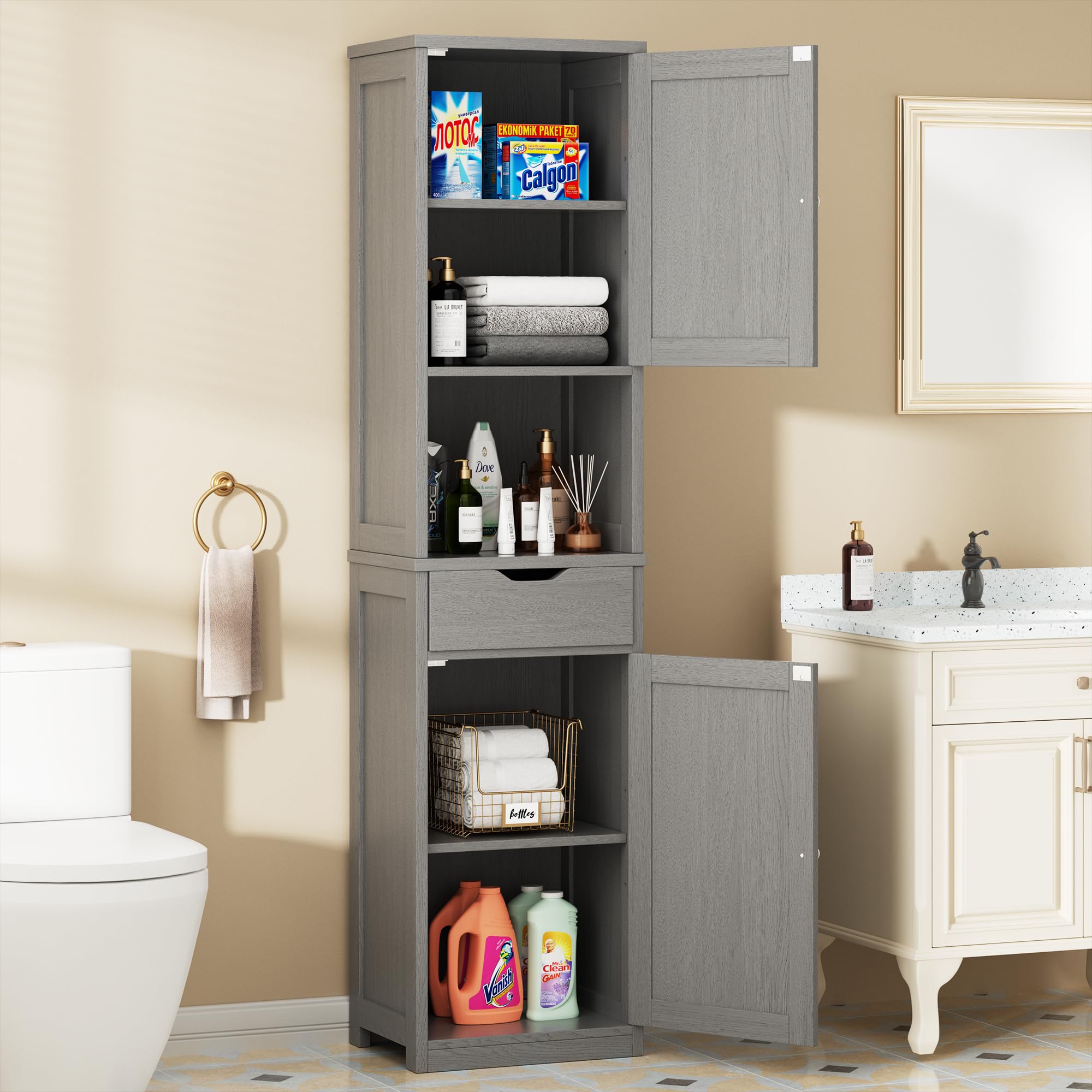 Walsunny Tall Bathroom Storage Cabinet with Freestanding Adjustable Shelves, Narrow Storage Linen Cabinet with 2 Doors and 1 Drawer for Bathroom,
