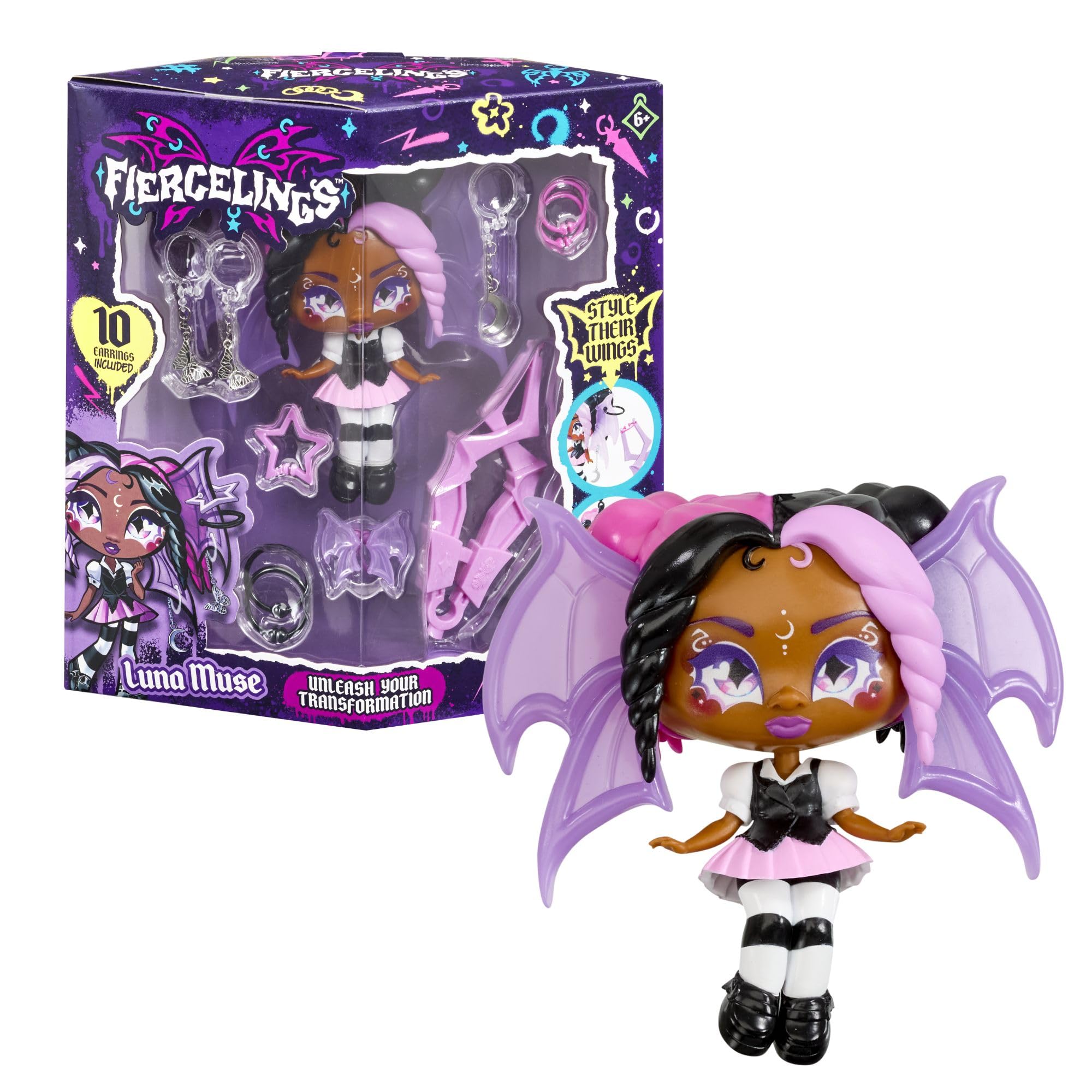Goliath Fiercelings Luna Muse | Style Their Wings & Collect Them All! Customizable Doll with 10 Earrings & Magic Piercing Tool Included | Gifts for Kids Ages 6+