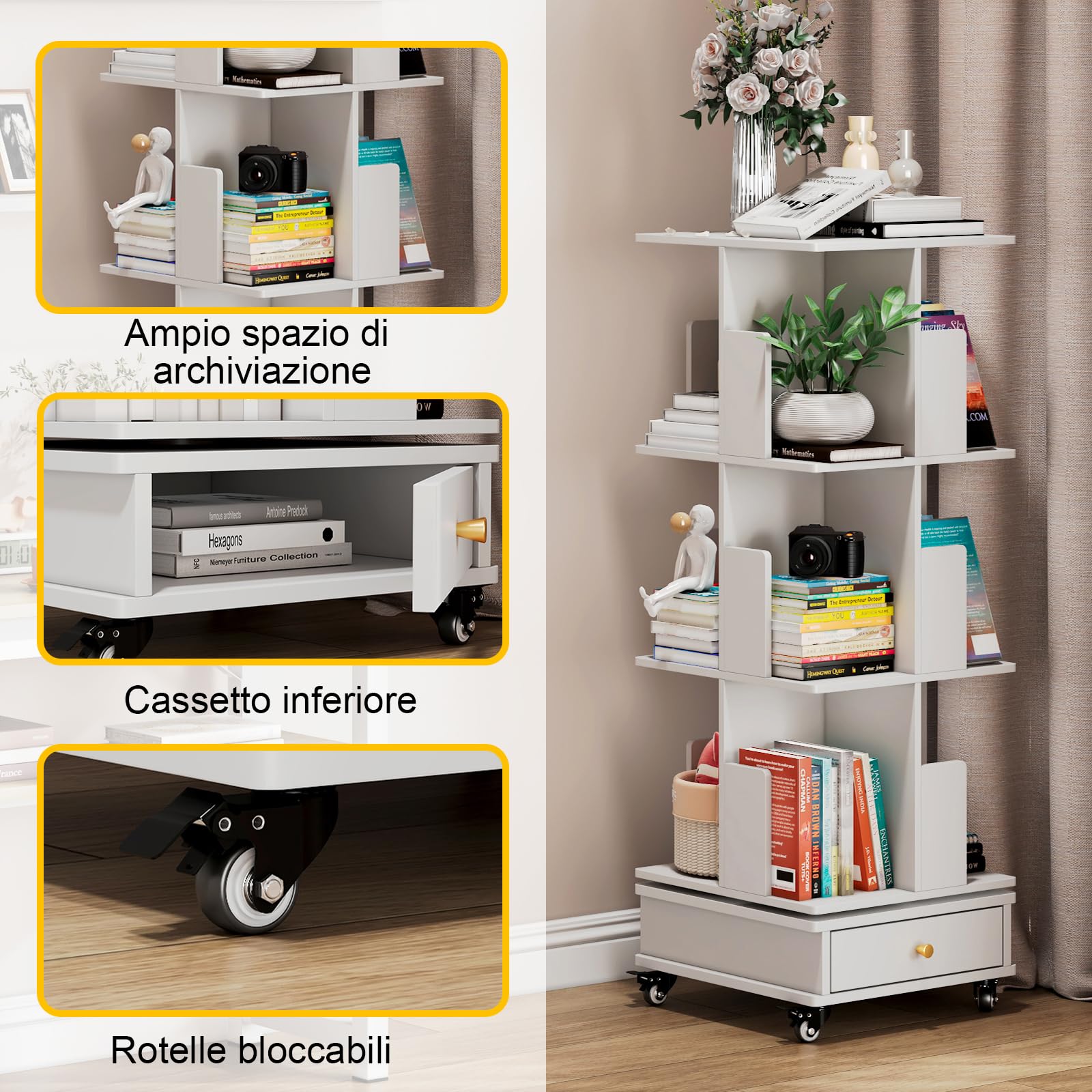 Libreria Girevole a 3 Livelli, Libreria Girevole 360 Gradi con 1 Cassetto e 4 Rotelle, Scaffale Girevole con Illuminazione a LED, Organizer per Soggiorno Studio Ufficio Libri, Bianco