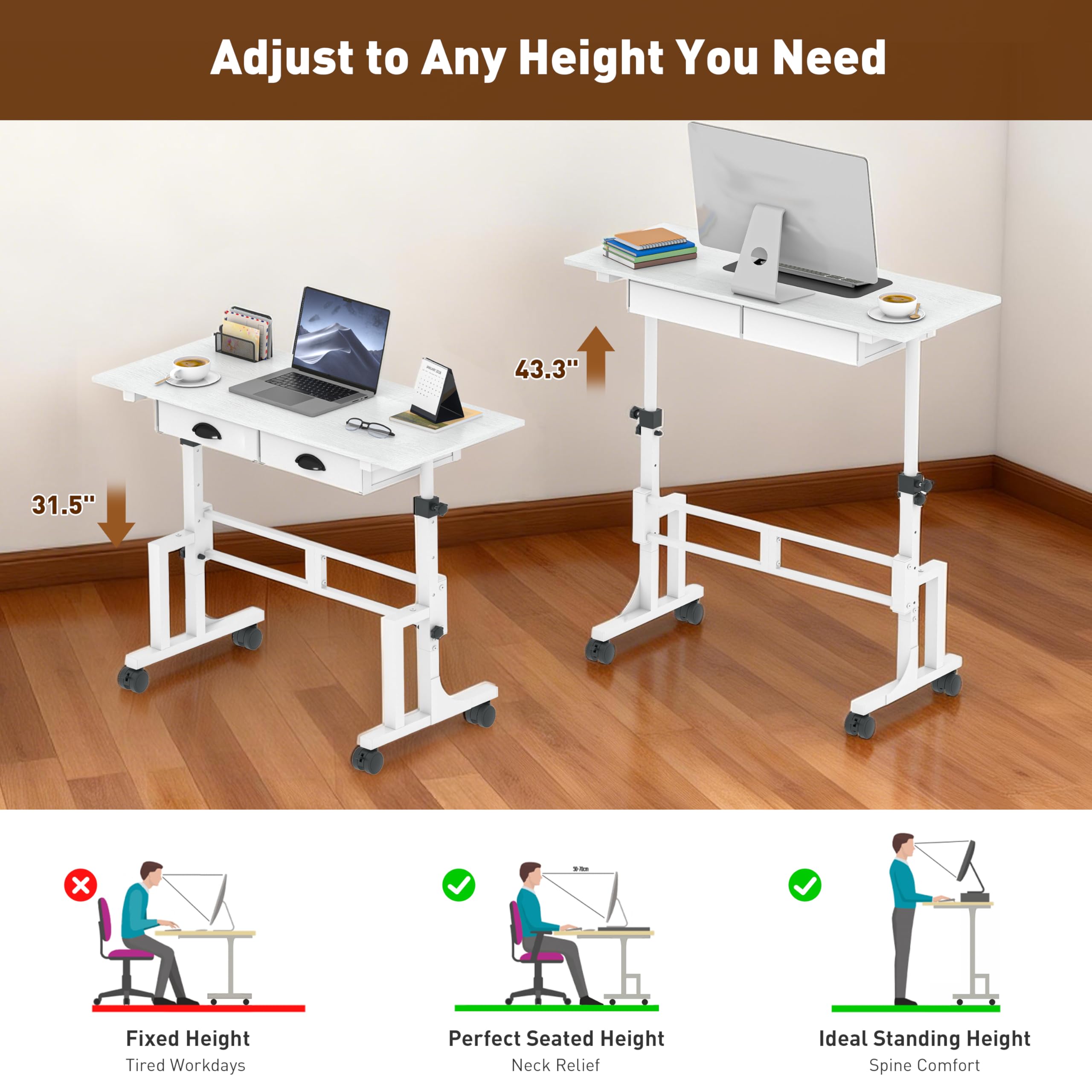 Height Adjustable Standing Desk with 2 Drawers Small Sit Stand Up Desk with Wheels Portable Rolling Desk for — view 9