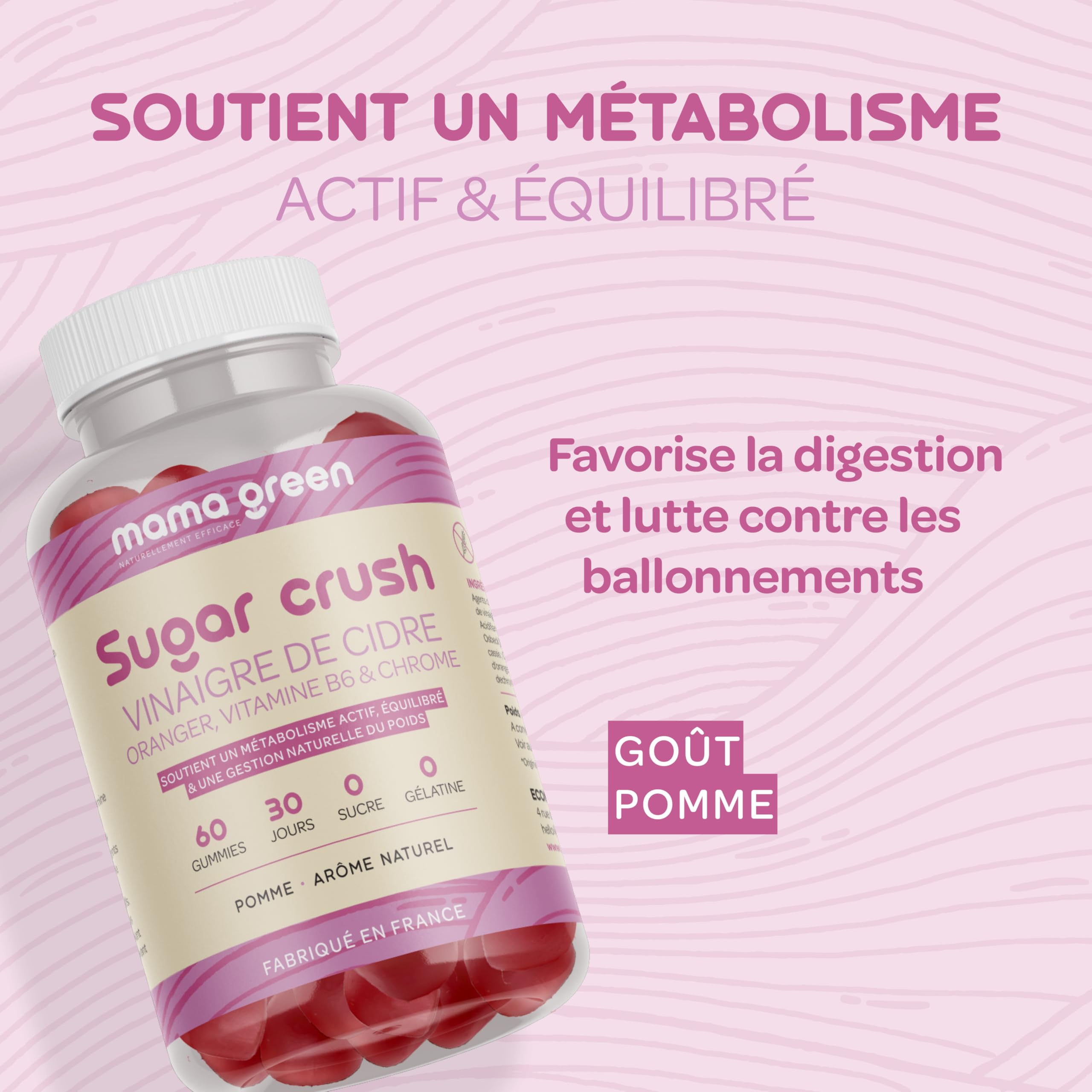Mama Green - Gummies Sugar Crush - Vinaigre de cidre – Gestion du métabolisme - 60 gummies - Sans sucre – Sans colorants et arômes artificiels - Fabriqué en France