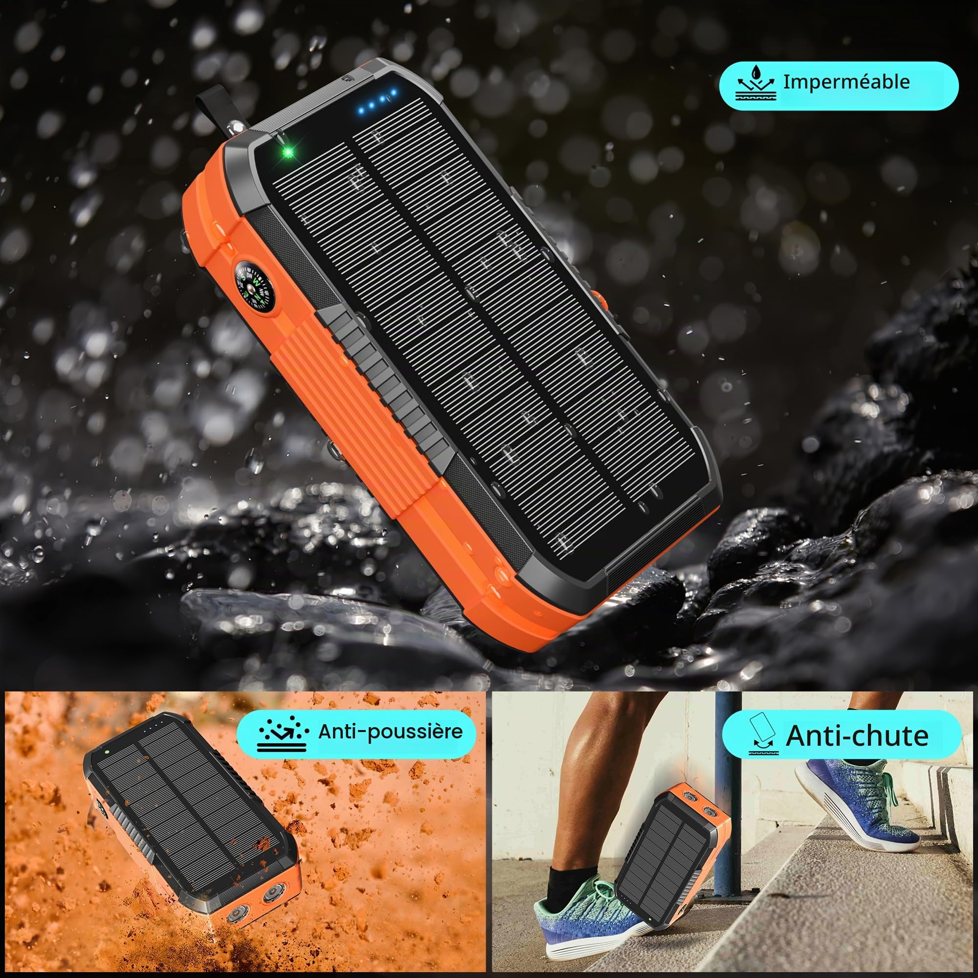 70000mAh Batterie Externe Solaire 30W PD sans Fil Power Bank Chargeur Portable Externe USB C Charge Rapide avec 2 Câble Intégré,6 Sorties avec Lampe de Poche,Manivelle de Secours pour Camping Phones