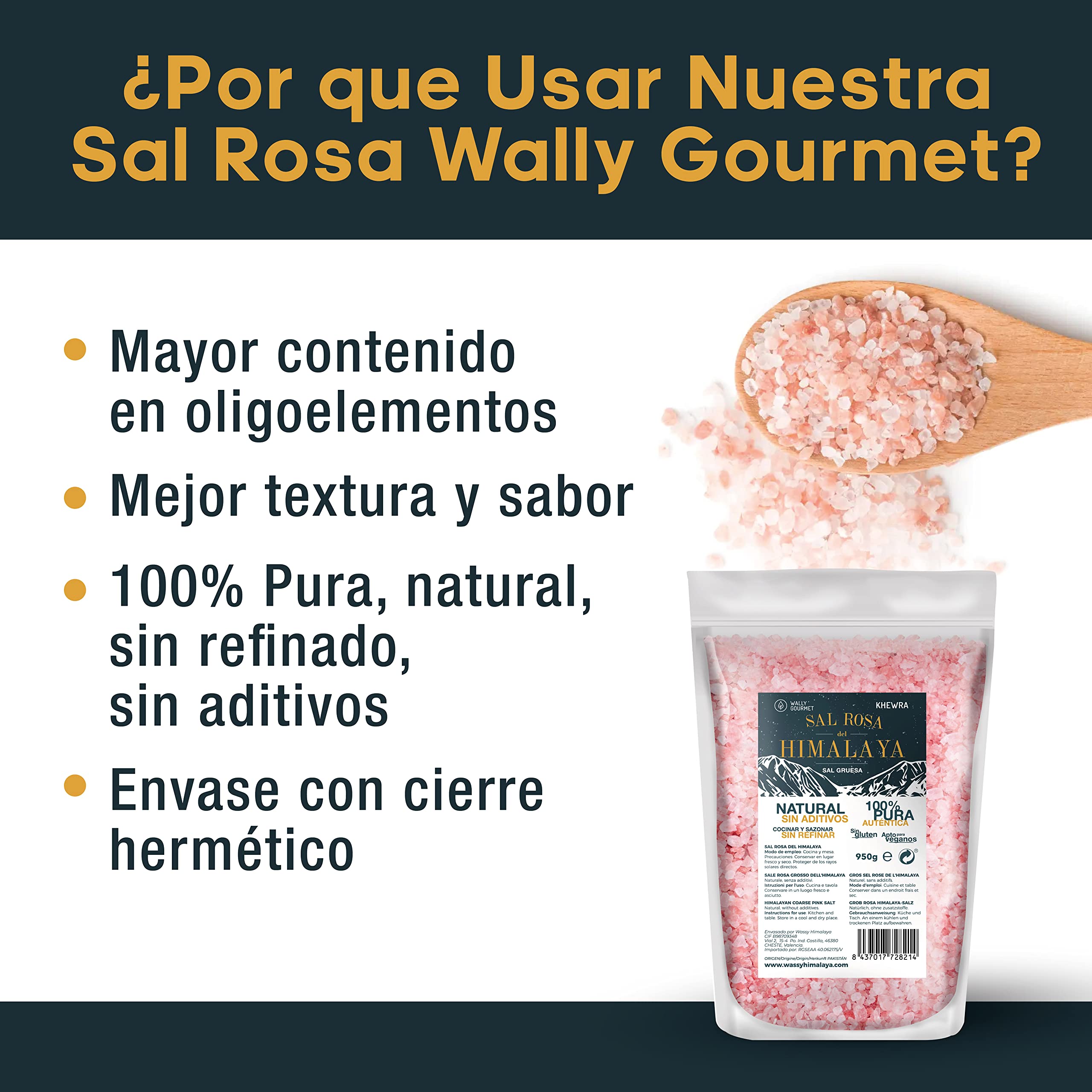 WALLY GOURMET Sal Rosa Del Himalaya Gruesa. 100% Natural, Sin Aditivos, Sin Refinado. Mayor Contenido En Oligoelementos. Para Sazonar Y Condimentar. Origen: Pakistán (950gr.)