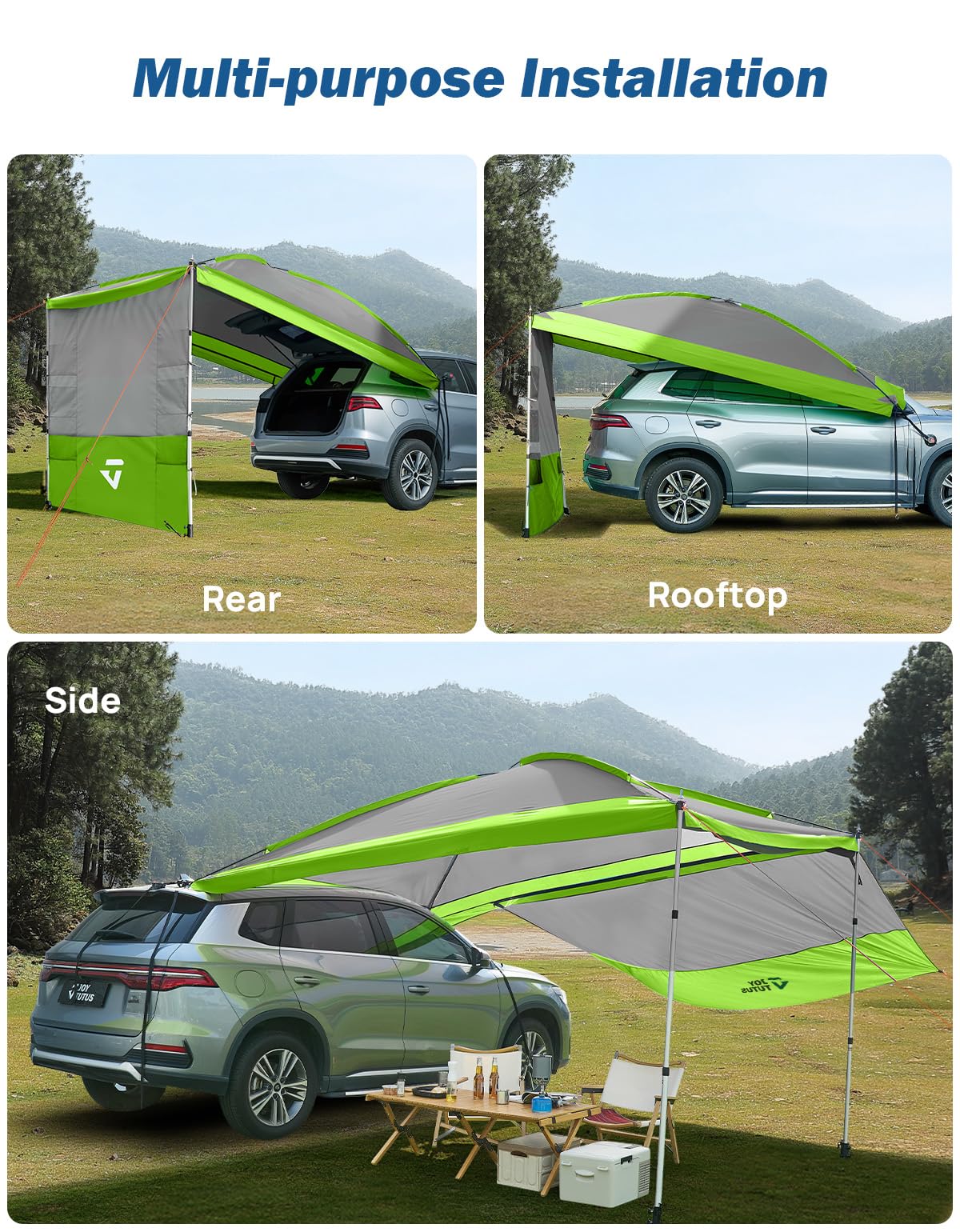 JOYTUTUS Auvent de Voiture SUV Universelle avec 3 Côtés Amovibles Vert | Tente Arriere Imperméable PU2000mm, Auvent Fourgon UV50+ Pare-Soleil avec 8 Poches de Rangement pour Camping, Randonnée