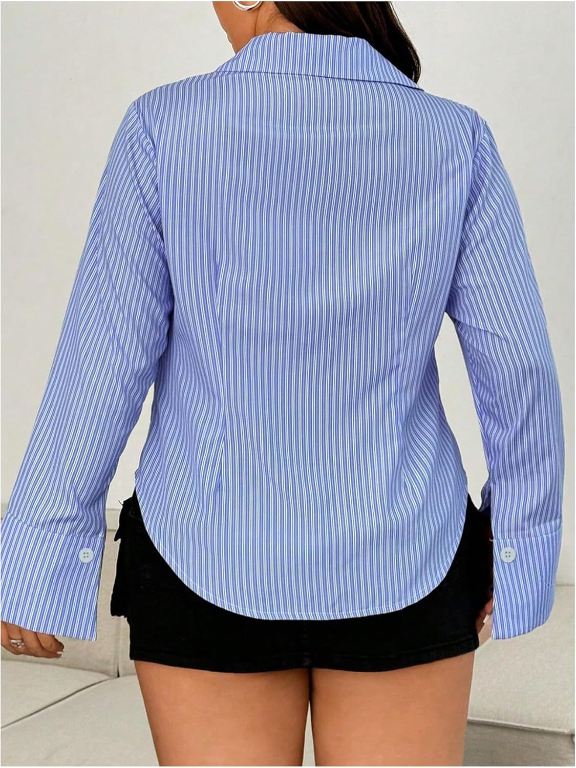 MakeMeChic Women's Plus Size Striped Blouse Bell Sleeve Button Down Shirt Collared Business Tops - Image 3