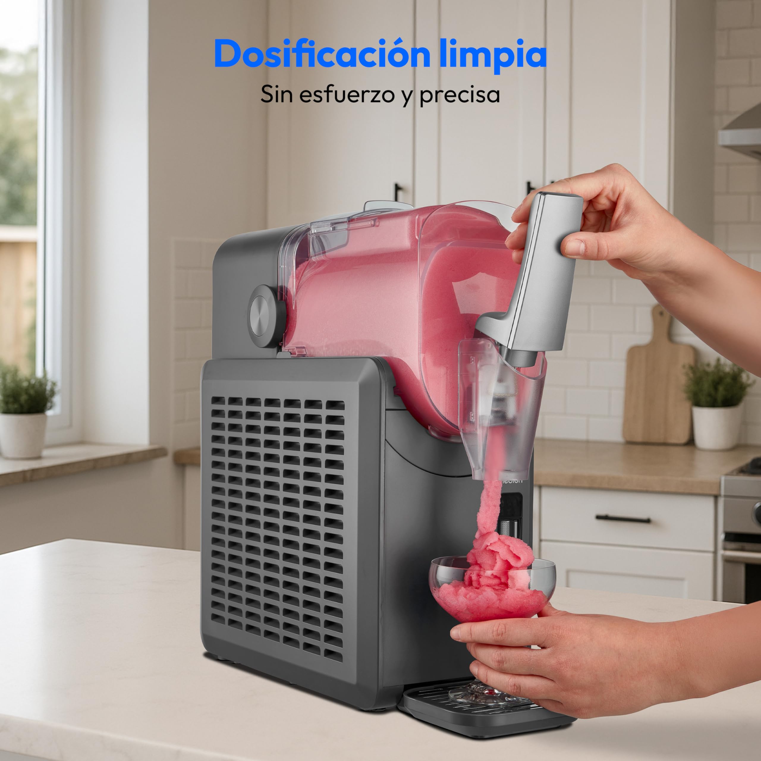 MEDION Máquina de granizados (capacidad de 2,6 L, depósito de 1,9 L, slush maker para bebidas, 5 modos, 30–60 min de preparación, con compresor), MD12090, plata