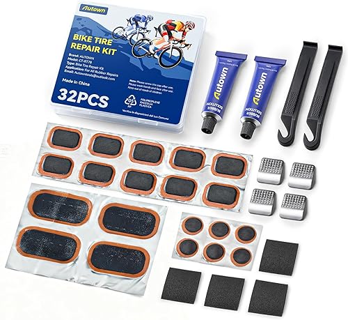 Kit de reparación de neumáticos de bicicleta, kit de parche de tubo interior de bicicleta de 32 piezas con parches, palancas de neumáticos,