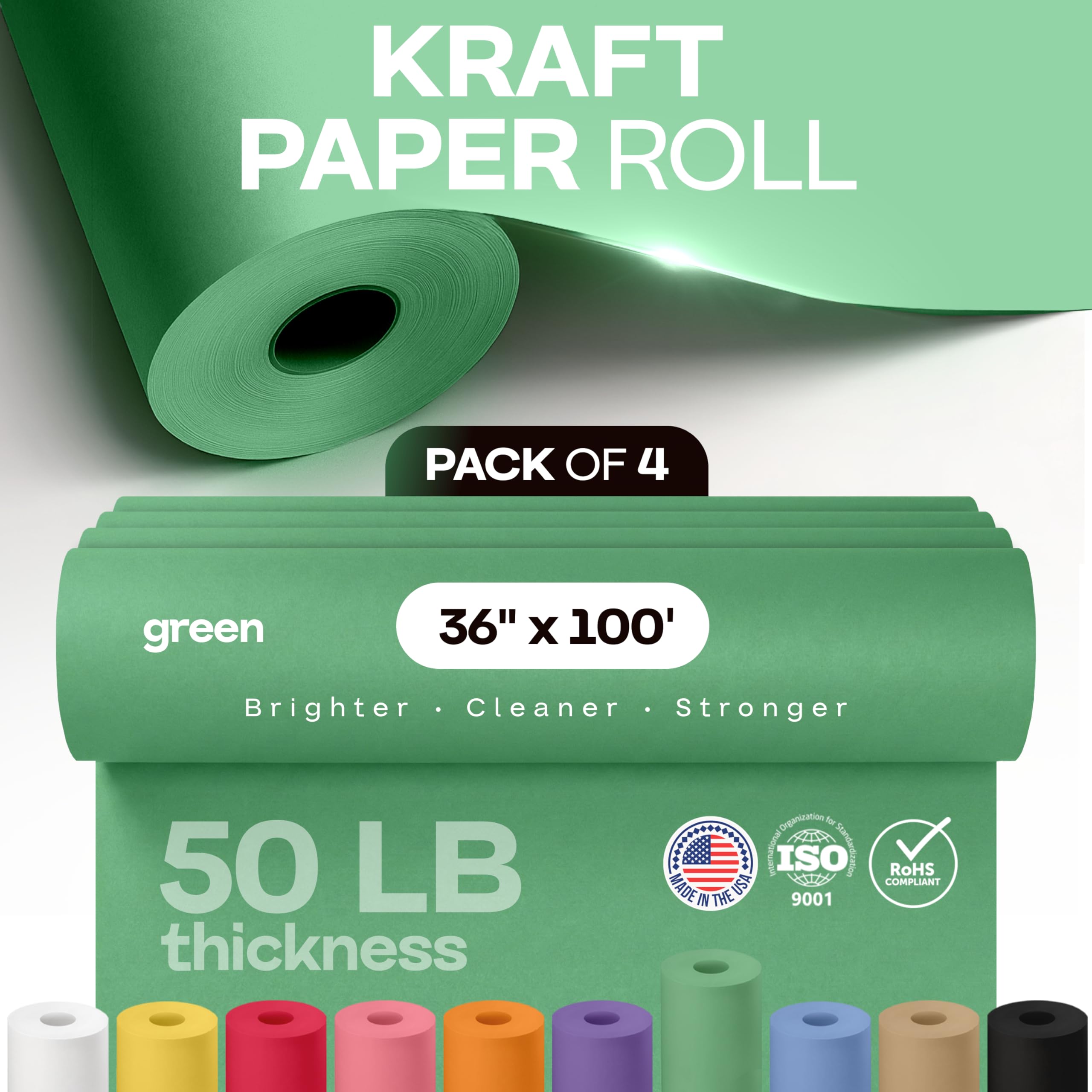 Kraftpapierrollen, 91,4 x 3048 cm, Grün, 4 Stück, hergestellt in den USA für Geschenkverpackungen, Kinderkunst und Handwerk, Schulprojekte, natürliches Material, 22,7 kg Stärke IDL Packaging