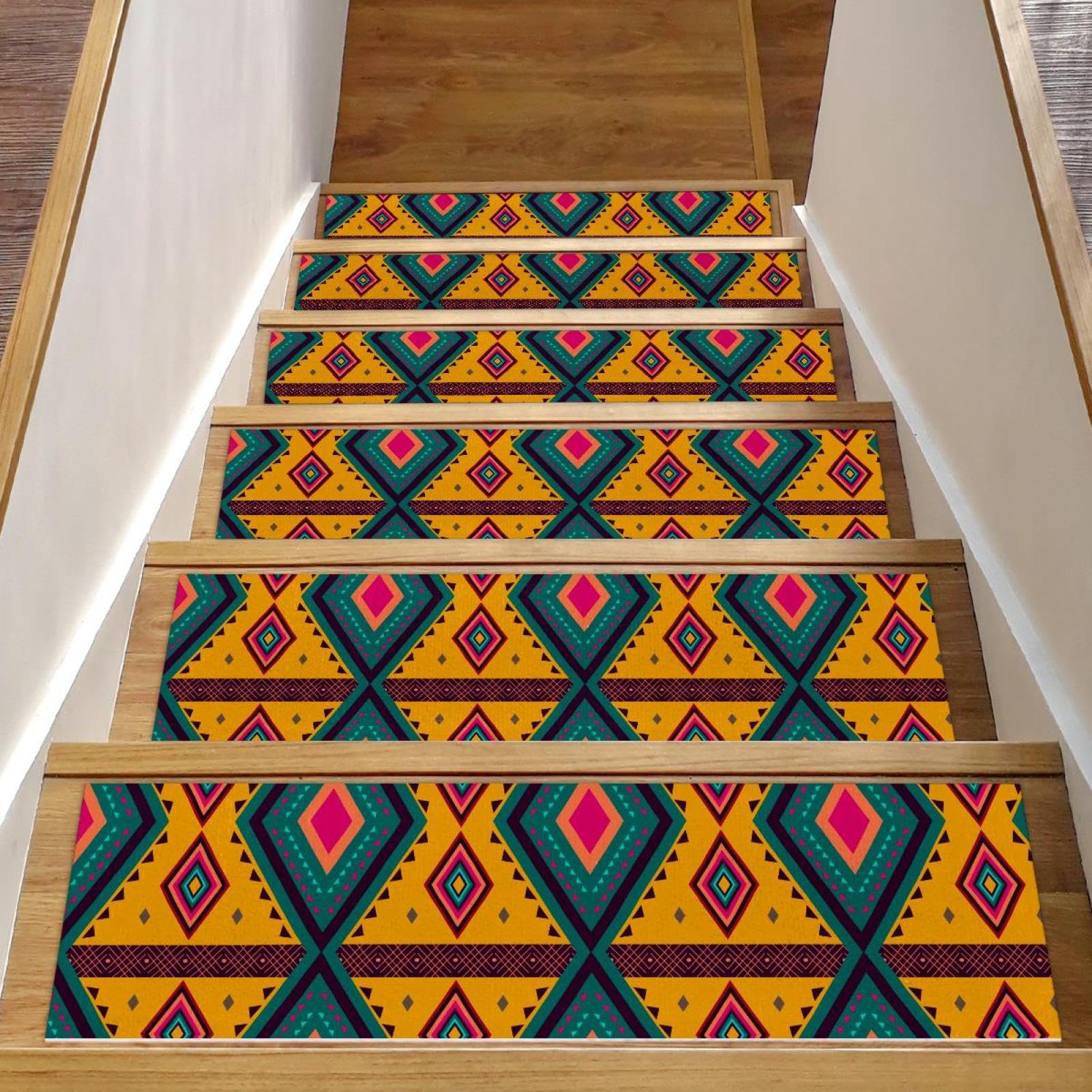 Tapis d'escalier géométriques jaunes 20x76 cm pour une maison familiale chaleureuse et sûre