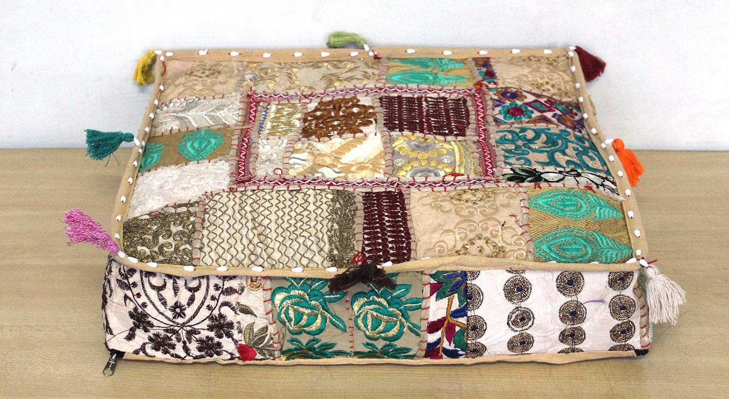 CRAFT KALA Indian Square Patchwork Traditional Pouf Cover Indian Living Room Poufs Decorative Embroidered Designer Ottoman Home Living Footstool Chair Cover Decor Pillow Cover 16x16x5 inches, Camel