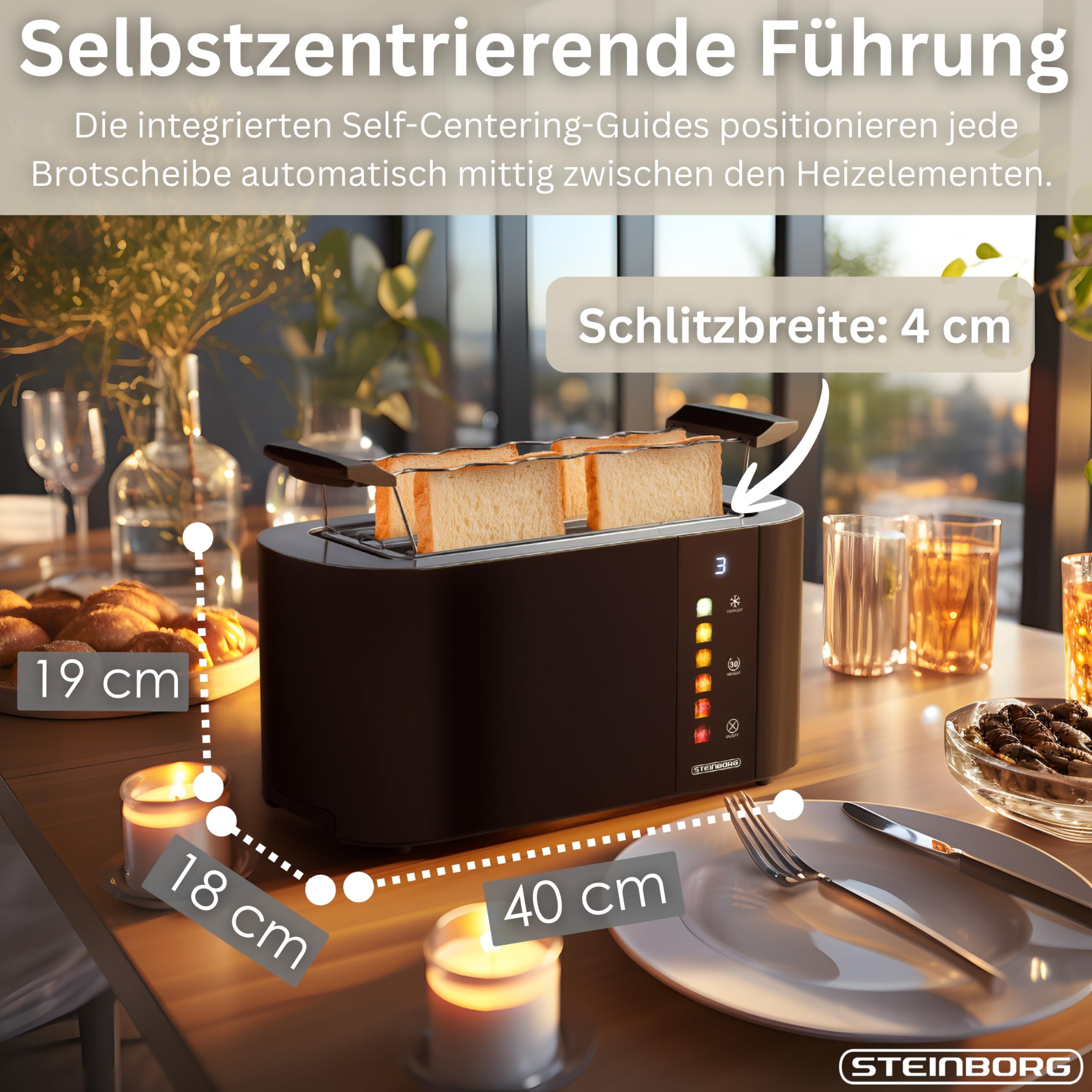Steinborg® Automatik Toaster 4 Scheiben mit Brötchenaufsatz Langschlitztoaster Automatische Liftfunktion ohne Hebel - Toastautomat Digitales Display Brotzentrierung Restzeitanzeige Abschaltautomatik