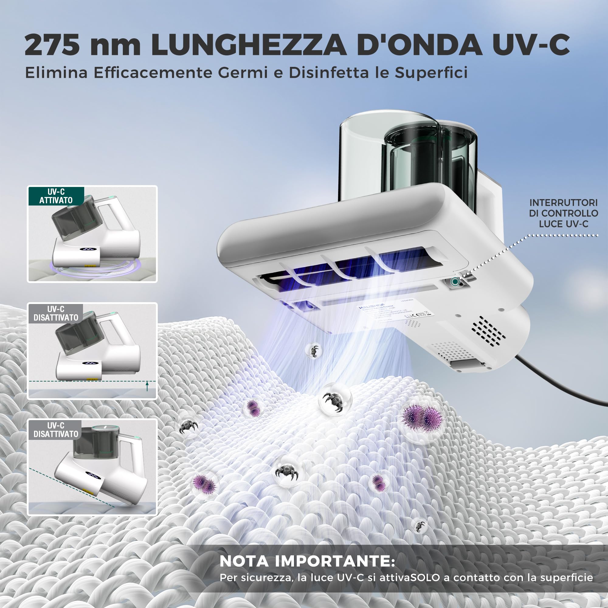 HAUSHOF Aspirapolvere per Materassi, Battimaterasso Antiacar 16 kPa con Luce UV-C 275 nm, 60 °C Aria Calda, Filtro HEPA, Doppio serbatoio della Polvere, per Letto, Divano