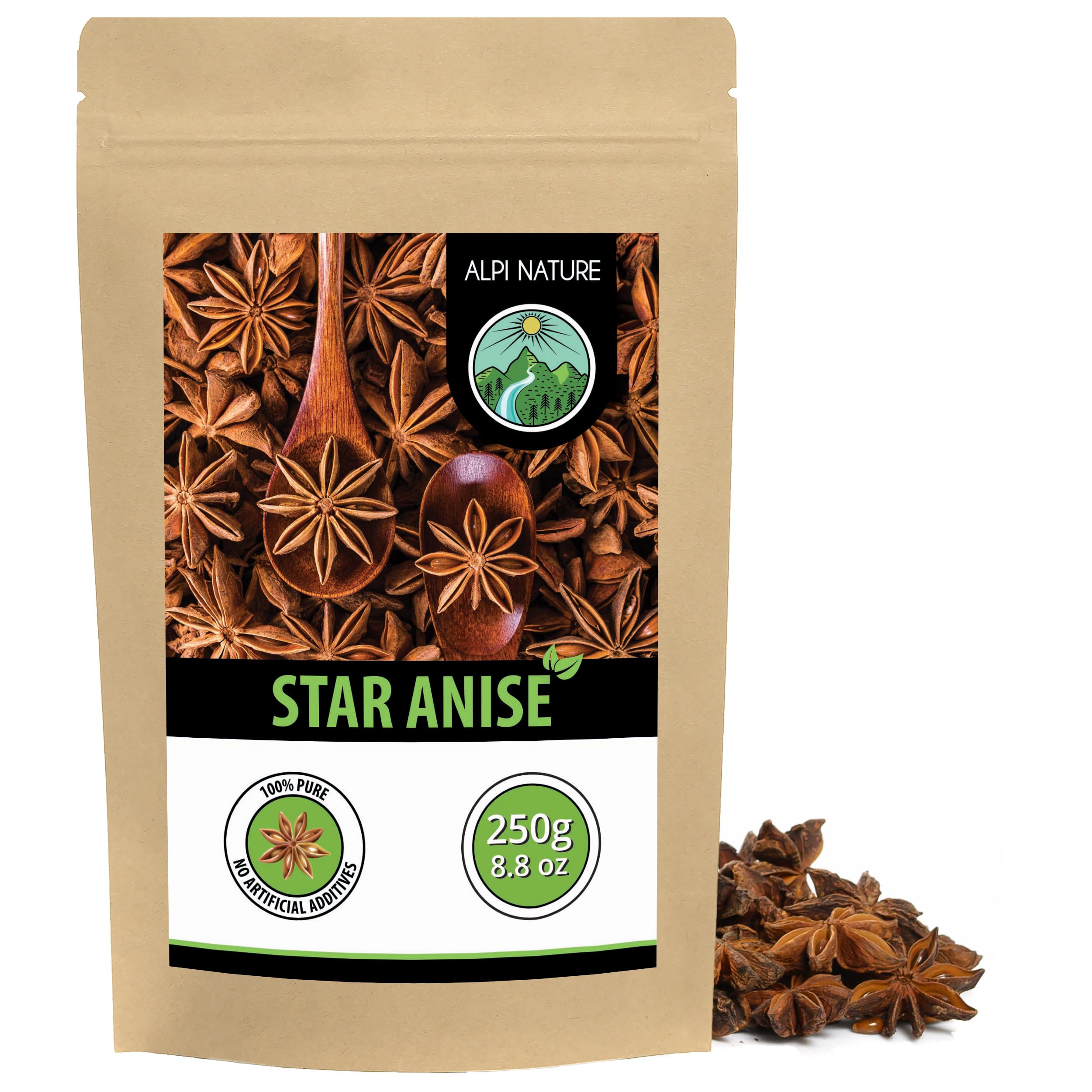 Alpi Nature Star Anise Whole 250g 8.8 oz, Whole Star Anise Pods for Cooking and Mulled Wine