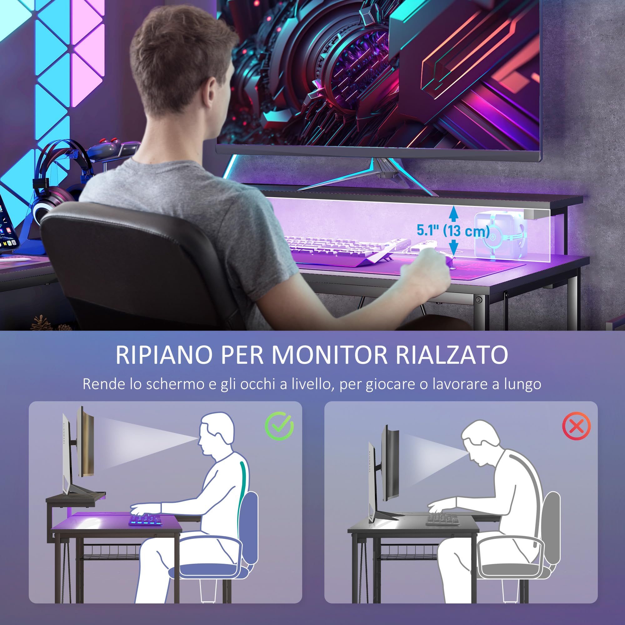 HOMCOM Scrivania Angolare con Luci LED, Prese USB, Supporto Monitor, Nero | Prese di Corrente, Scrivania da Gaming e Ufficio, Design Reversibile, con Ripiani