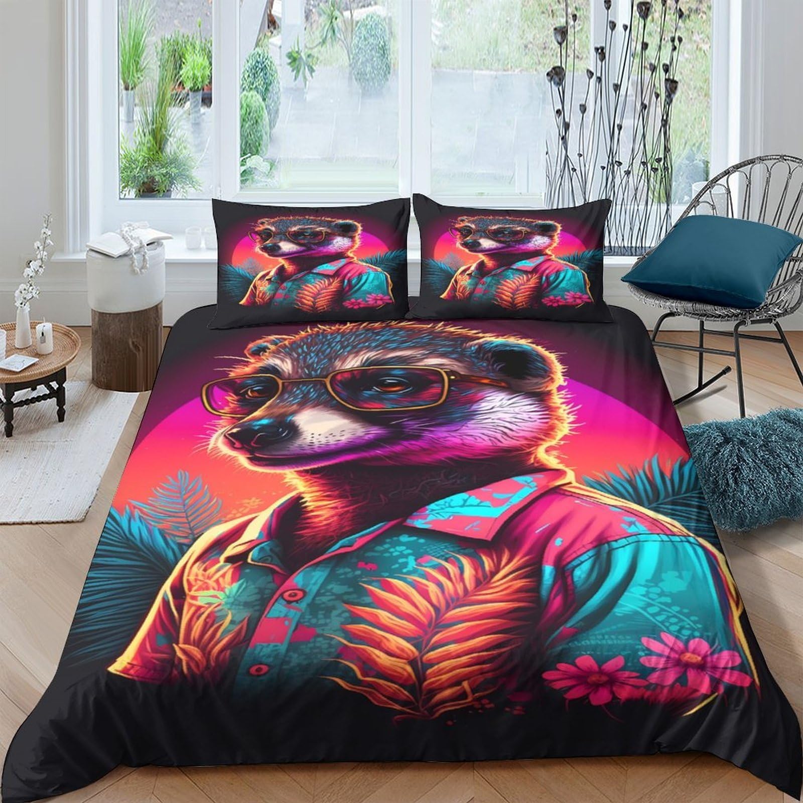 Ctjqhvkz Style-5 3D Printed Retro Raccoon Portrait Fitted Sheet Microfiber Vibrant Artistic Bed Cover For Bedroom Dorm Decor Single（135X200cm）