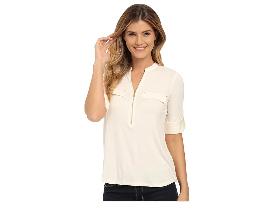 

Calvin Klein Essentials Zip Front Roll Sleeve (Birch) Women's Blouse
