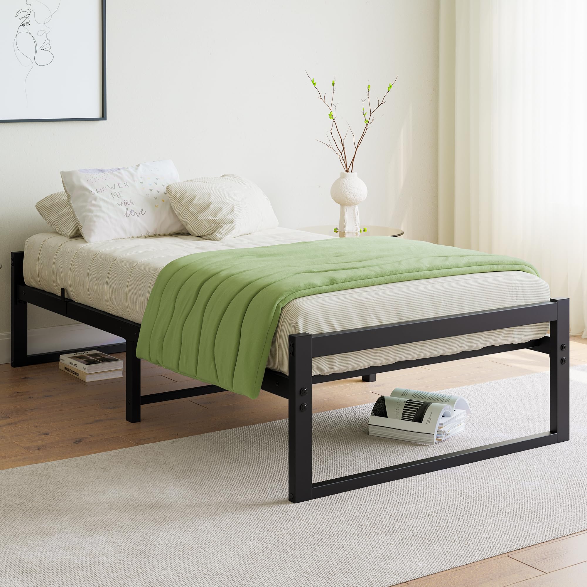 VECOCHO Bett90x200 cm,Bettgestell 90x200 mit Lattenrost aus Metall,Metallbett 90x200 cm mit Stauraum-32cm Hoch,Gästebett Doppelbett KeinBoxspringbett Erforderlich,Schwarz Bettrahmen