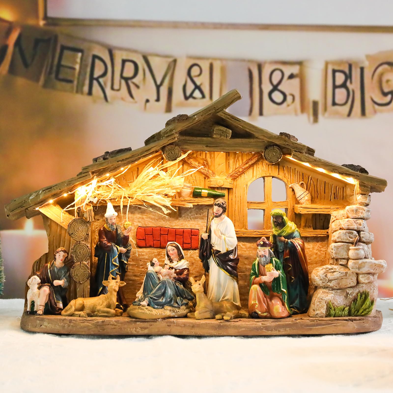 Belén para interiores de 10.2 pulgadas de Navidad, pueblo musical, pesebre, juegos de pesebre, figuras de Navidad de Jesús, decoraciones de Navidad