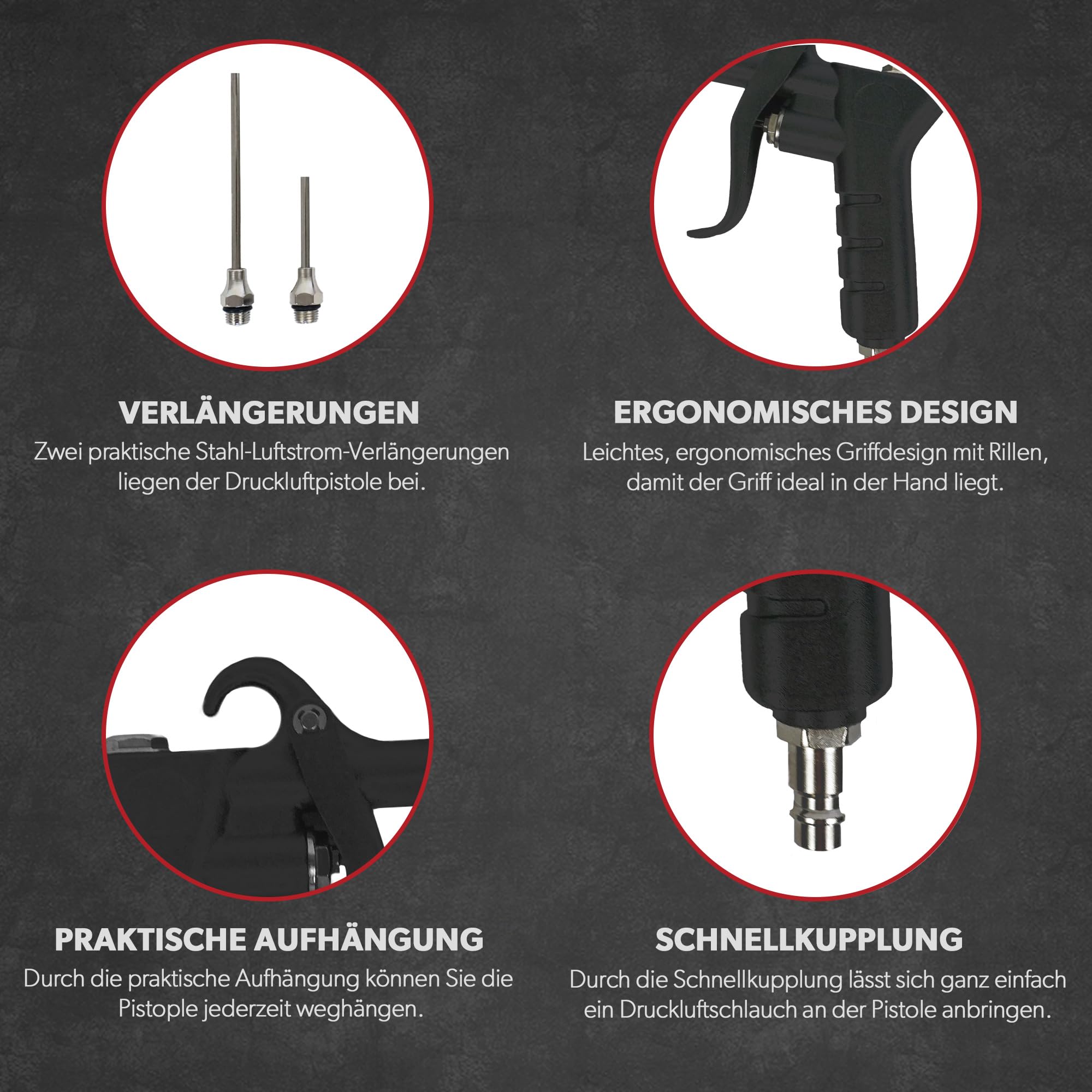 siwitec Kompressor Zubehör-Set: 5 m Druckluftschlauch, Druckluftpistole mit zwei Verlängerungen (6 und 10 cm) und Reifendruckprüfer bis max 12 bar mit vier Adaptern | Druckluftwerkzeug
