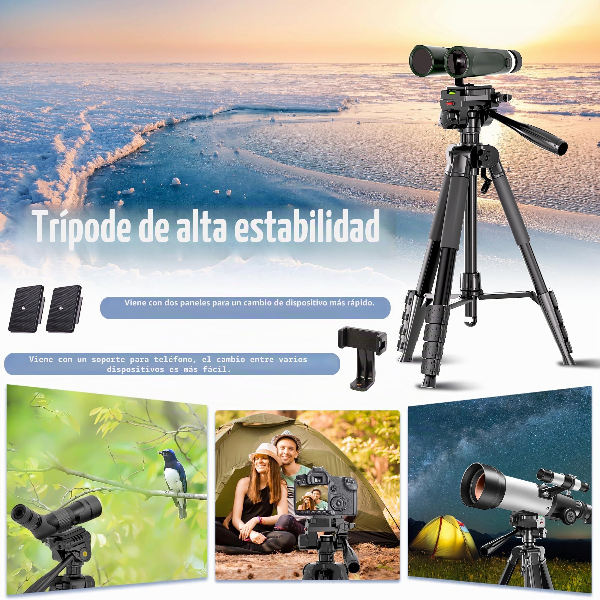 Trípode para prismáticos, trípode para telescopio terrestre de 183 cm con adaptador para prismáticos y 2 placas de liberación rápida, soporte de cámara de viaje con soporte para teléfono/bolsa de