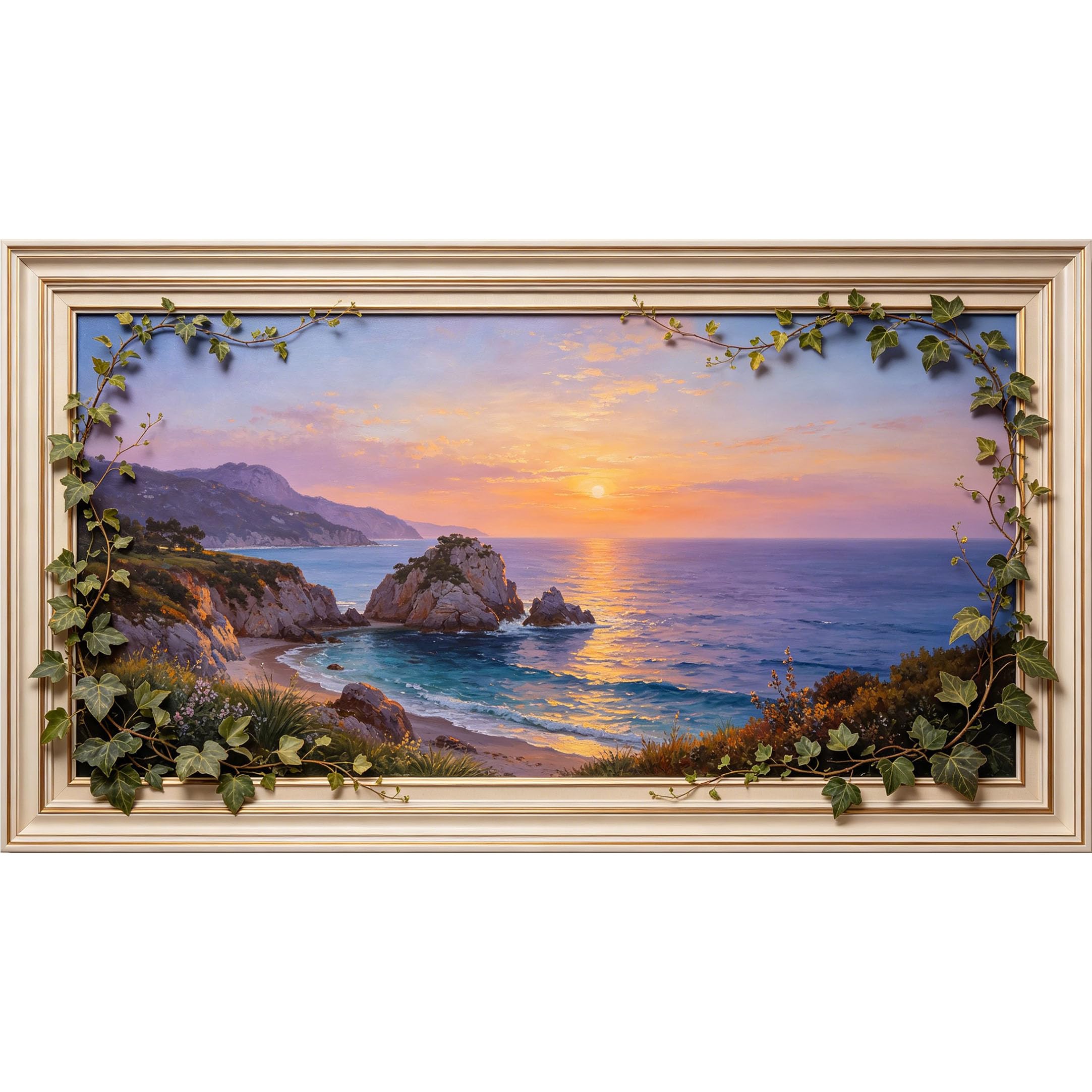 QZLITHOTIC 50x90cm3D Framed Wall Art， Coastal Sunset Ocean View Landscape Self‑Adhesive Mural， Water‑Activated Peel & Stick Fabric Decor Wall Decal for Bedroom Living Room